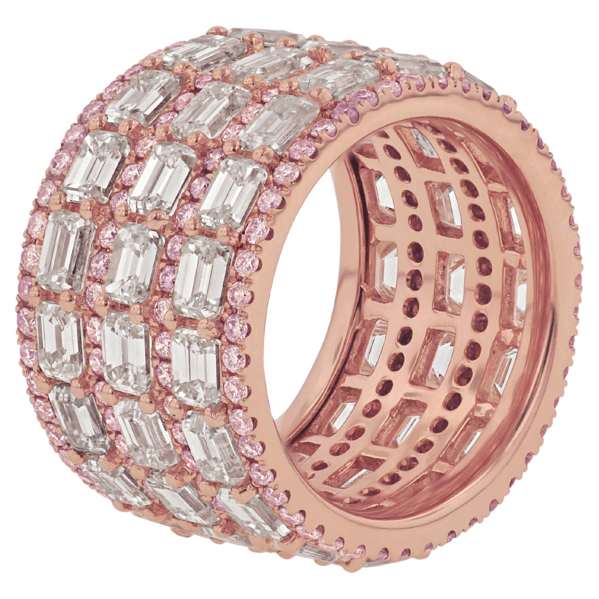 Diana M., bague d'éternité en or rose 18 carats avec 3 rangées de diamants taille émeraude