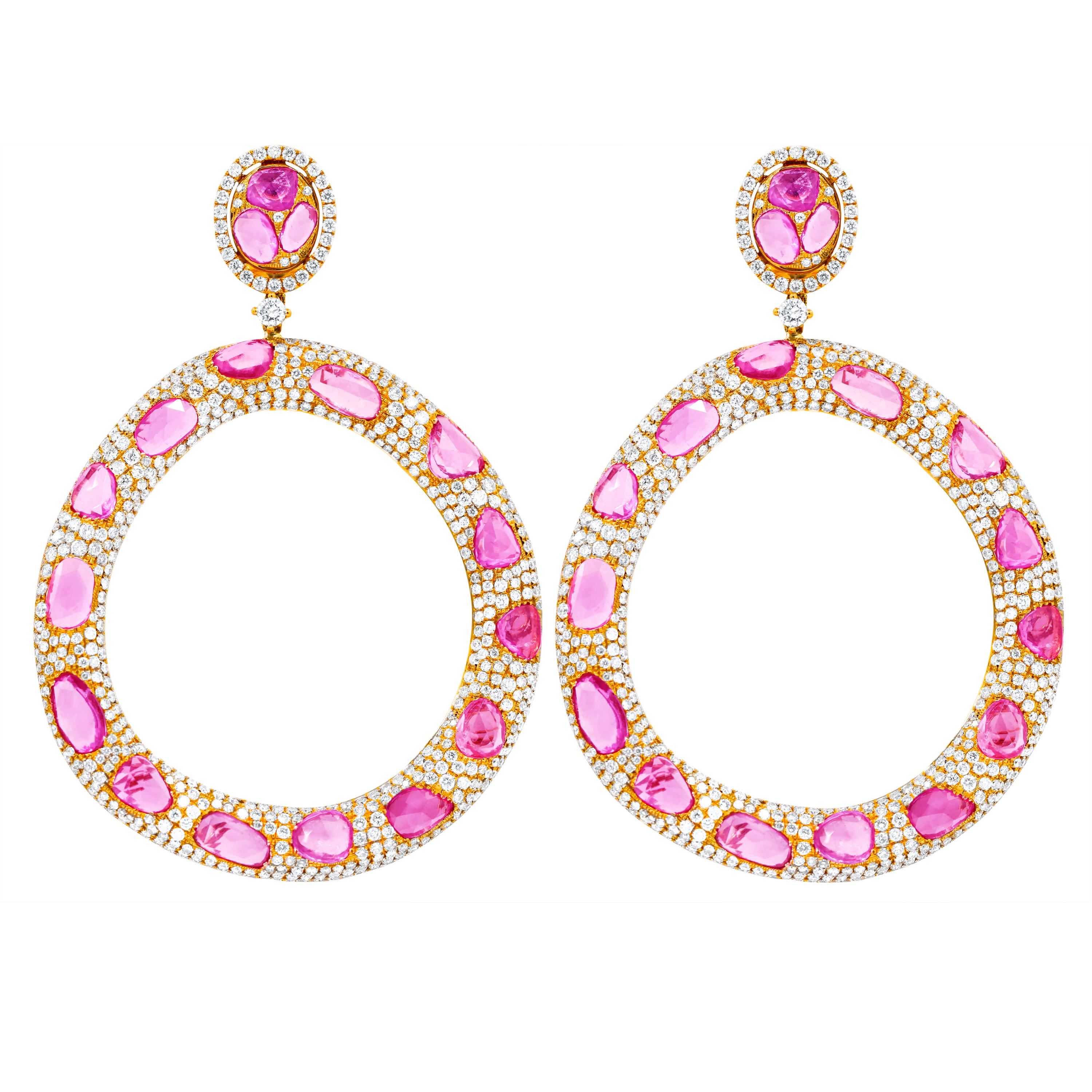 Rose Cut Diana M. 18 kt Rose Gold Pink Sapphire and Diamond Earrings Containing 19.20 cts For Sale