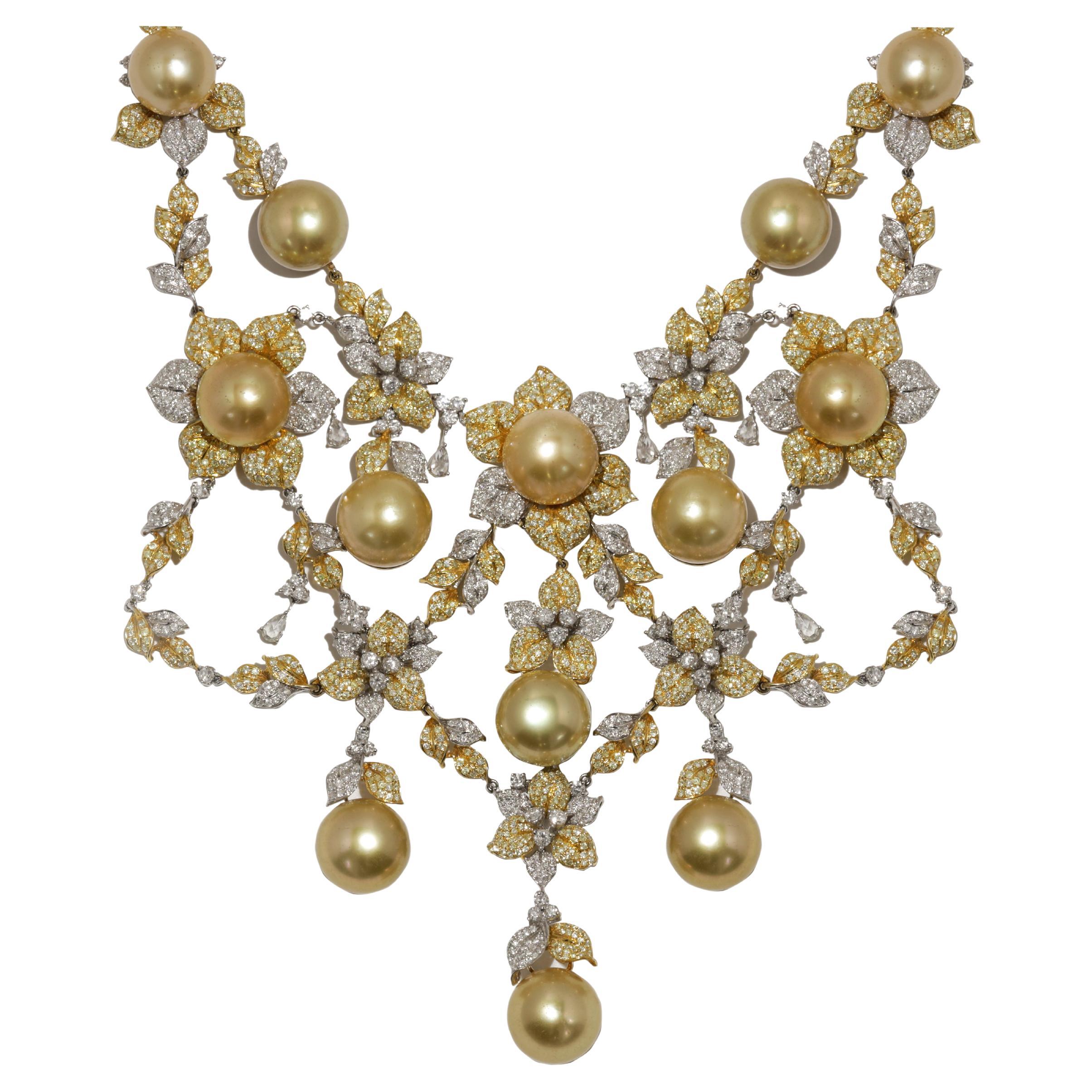 Diana M. 18 kt two tone pearl and diamond necklace adorned with pearls  For Sale