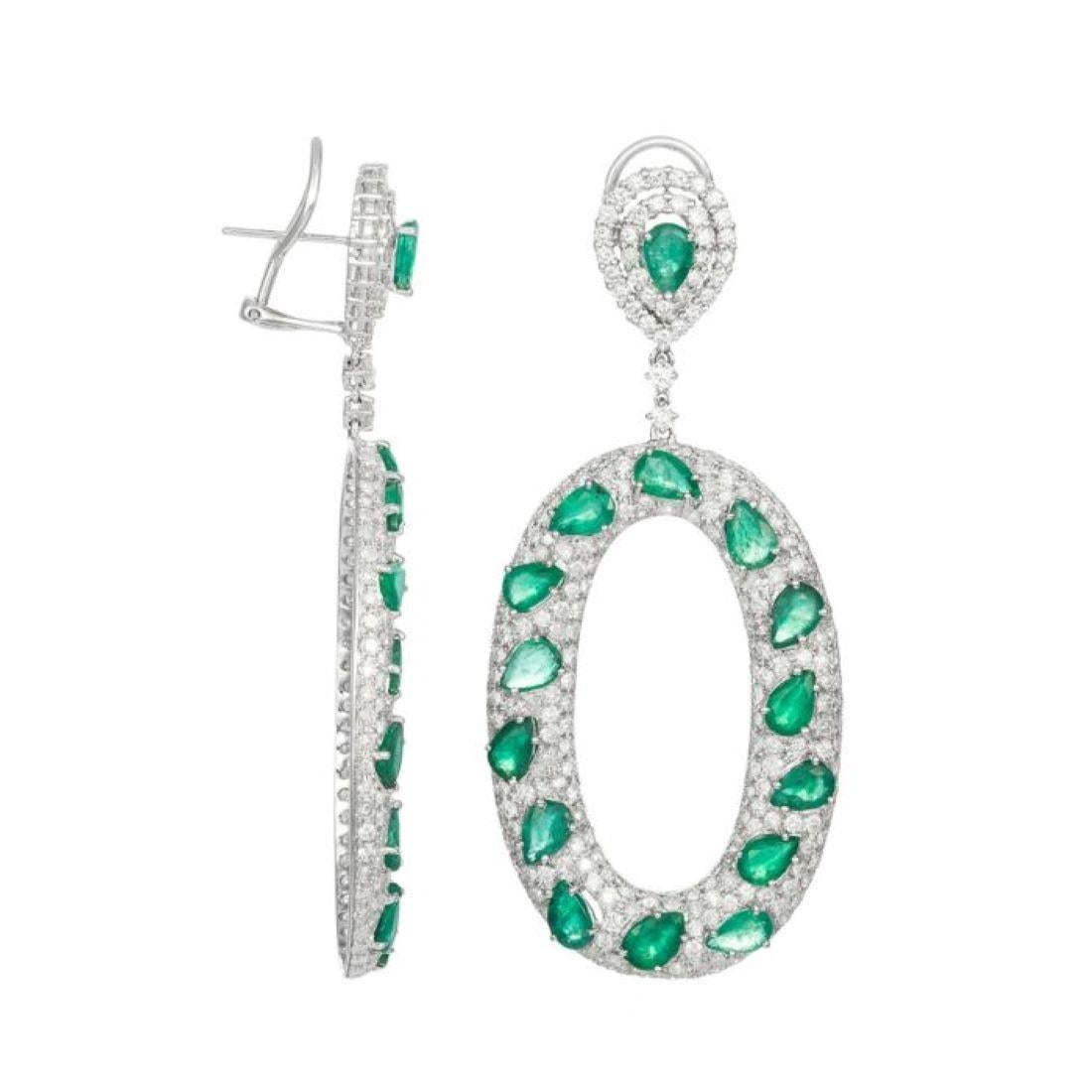 18 kt white gold diamond emerald and diamond earrings containing 11.00 cts tw of rose cut green emeralds and 8.00 cts tw of diamonds (C.Dunaigre certified)
