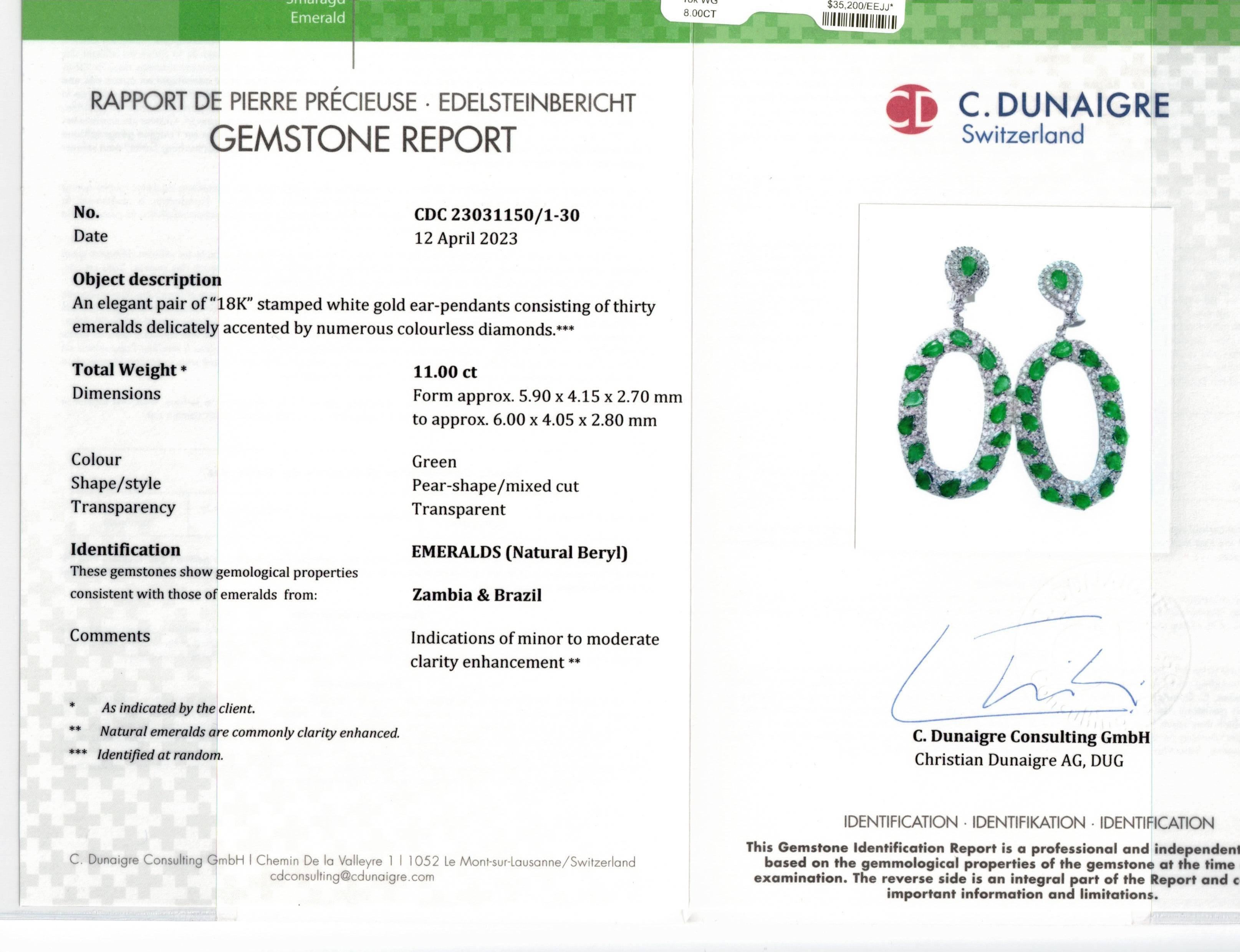 Pear Cut Diana M 18 Kt White Gold 11.00 Ct Emerald & 8.00 Ct Diamond Earrings For Sale