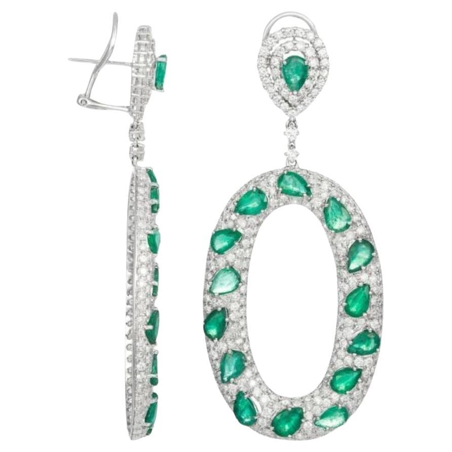 Diana M 18 Kt White Gold 11.00 Ct Emerald & 8.00 Ct Diamond Earrings