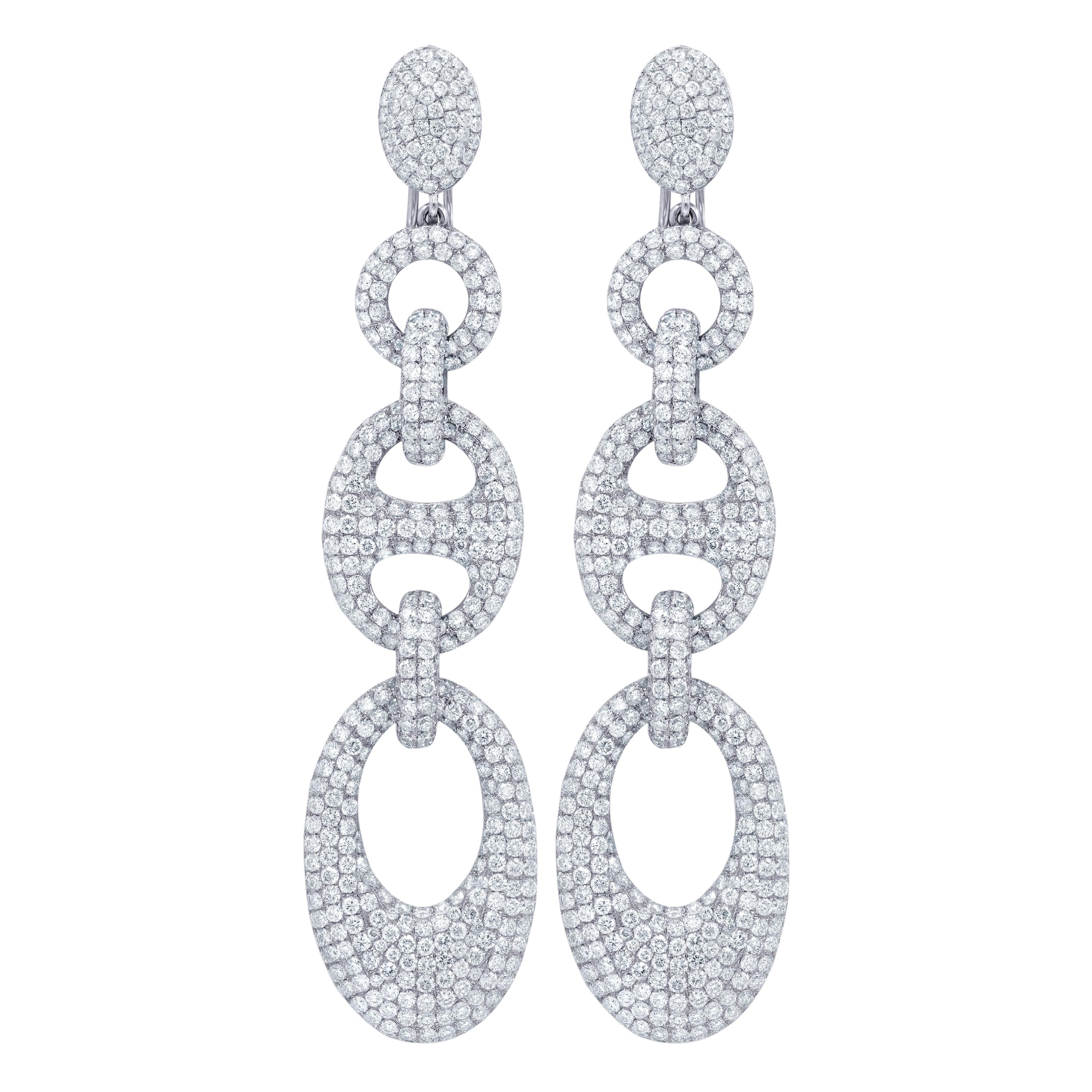 18K White Gold Diamond Pave Linked Earrings Features 20 Carats of White diamonds. 3.5