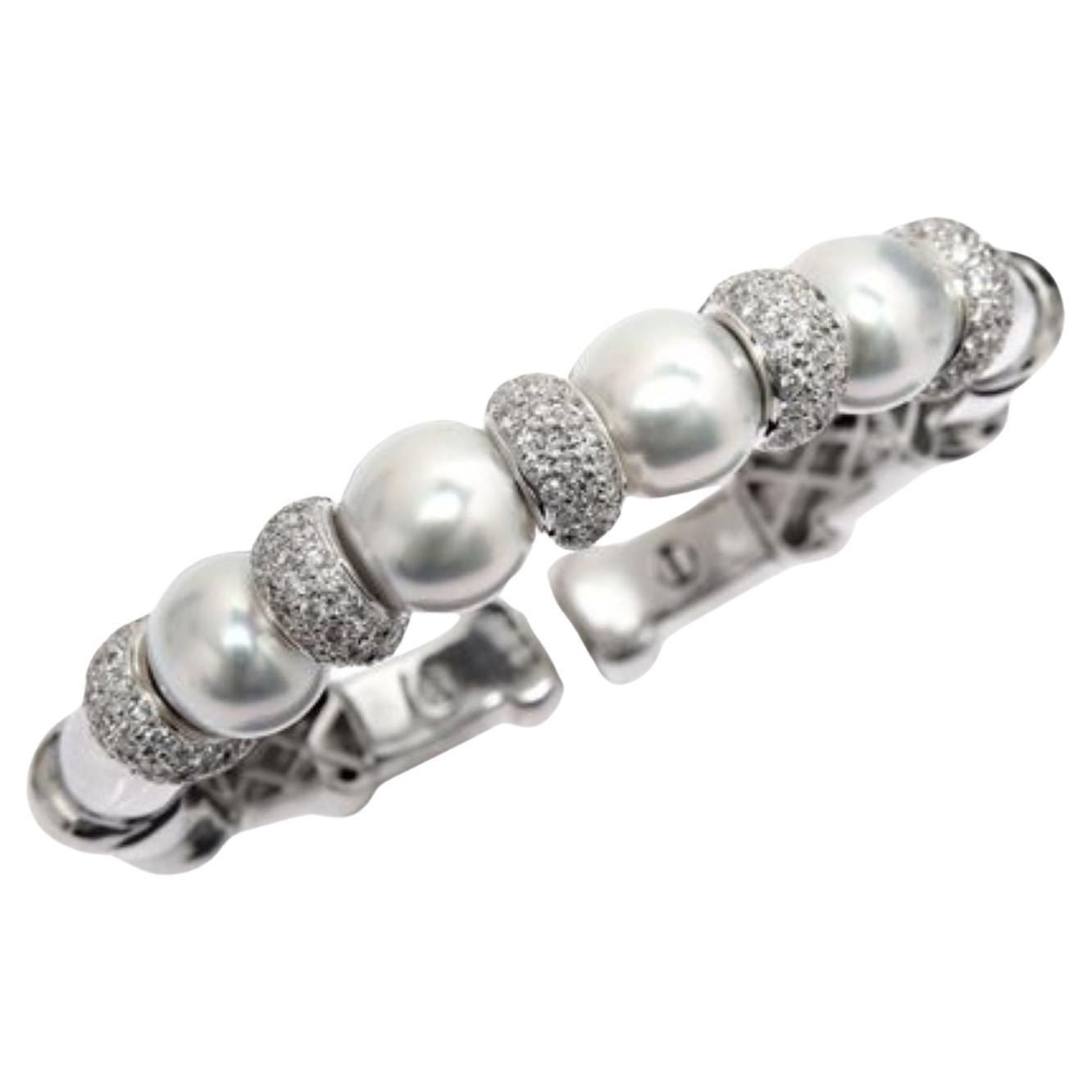 Diana M 18 Kt White Gold 3.17 Ct Diamond & 11.8 MM Pearl Bangle Cuff For Sale