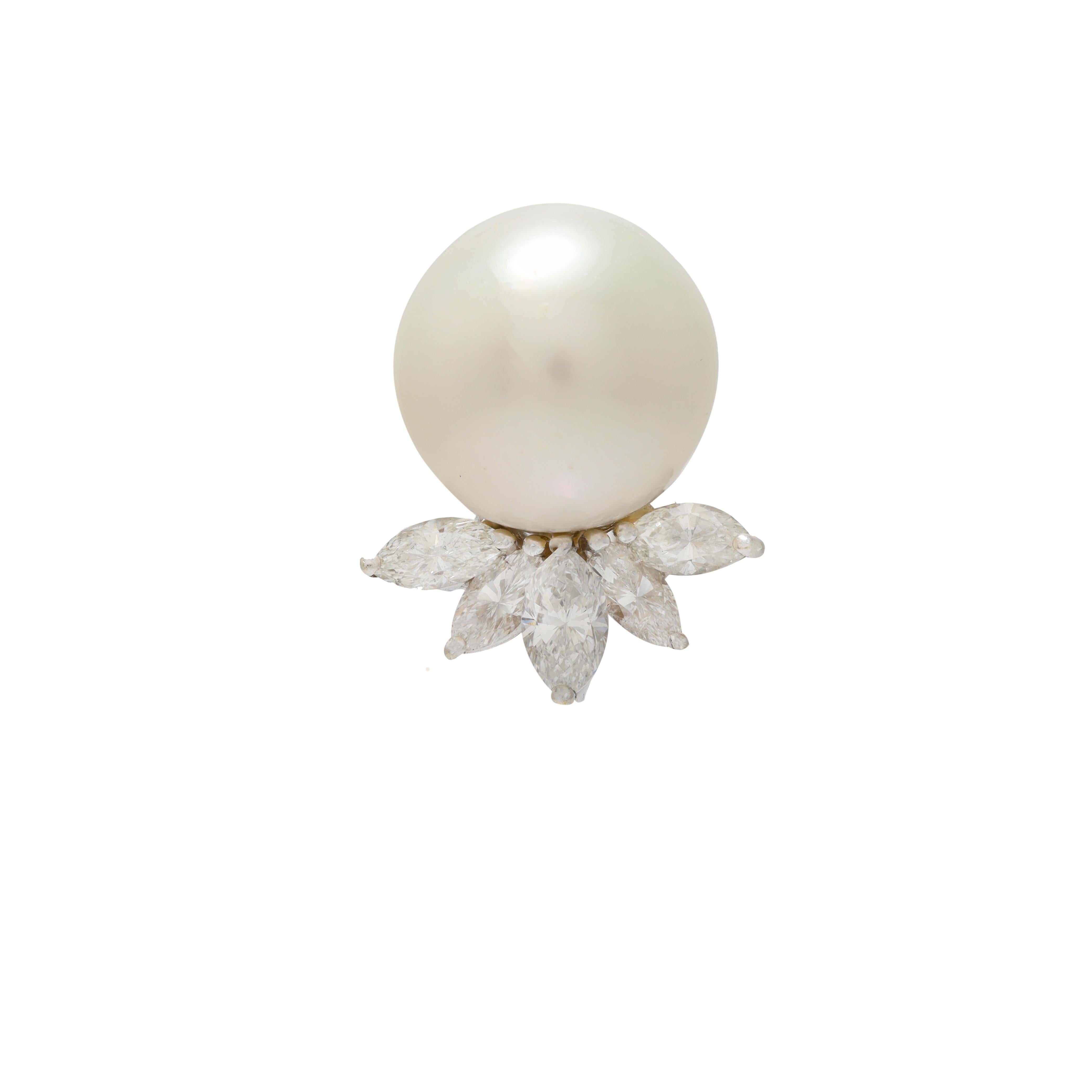 Modern Diana M. 18 kt white gold diamond and pearl stud earrings featuring a 14 mm  For Sale