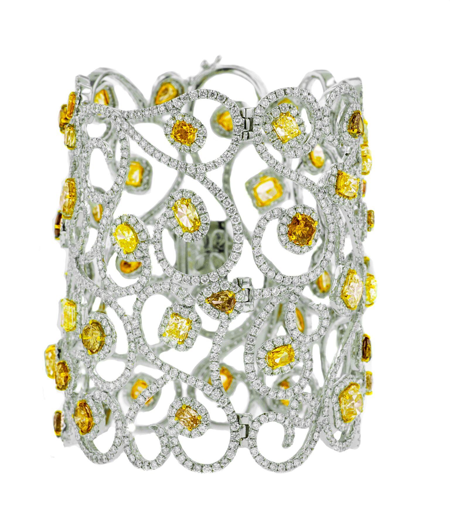 Mixed Cut Diana M 18 kt white gold diamond bangle adorned with multi diamonds 57cts  For Sale