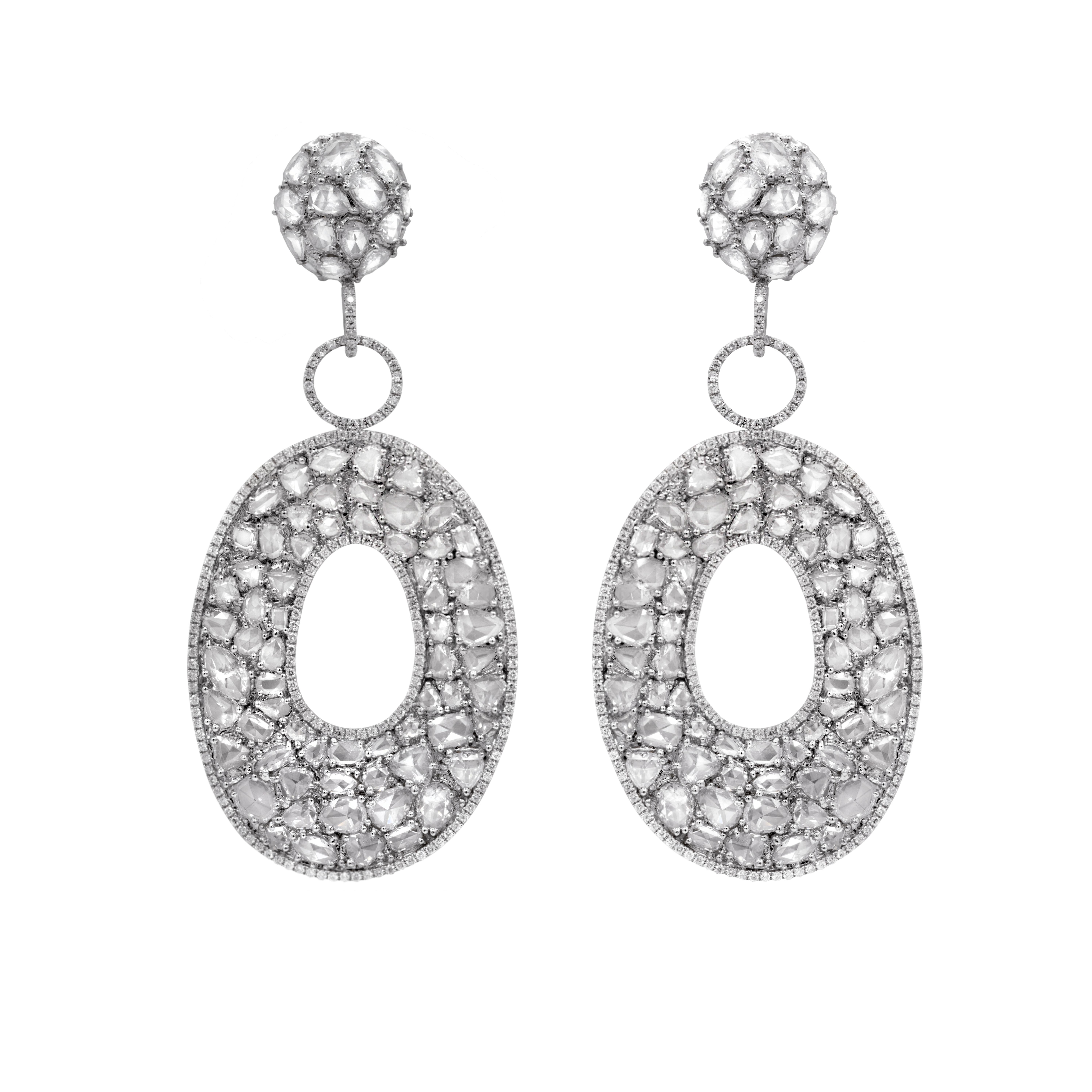 Round Cut Diana M. 18 kt White Gold Diamond Hanging Bagel Earrings adorned with 26.43 cts  For Sale