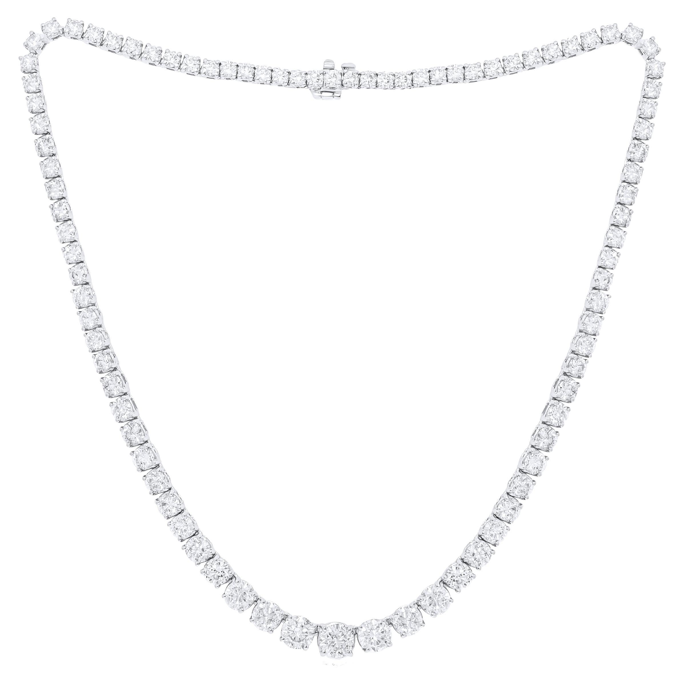 Diana M.Custom 21.20 Cts Round 4 Prong Graduate 18k White Gold Tennis Necklace  For Sale