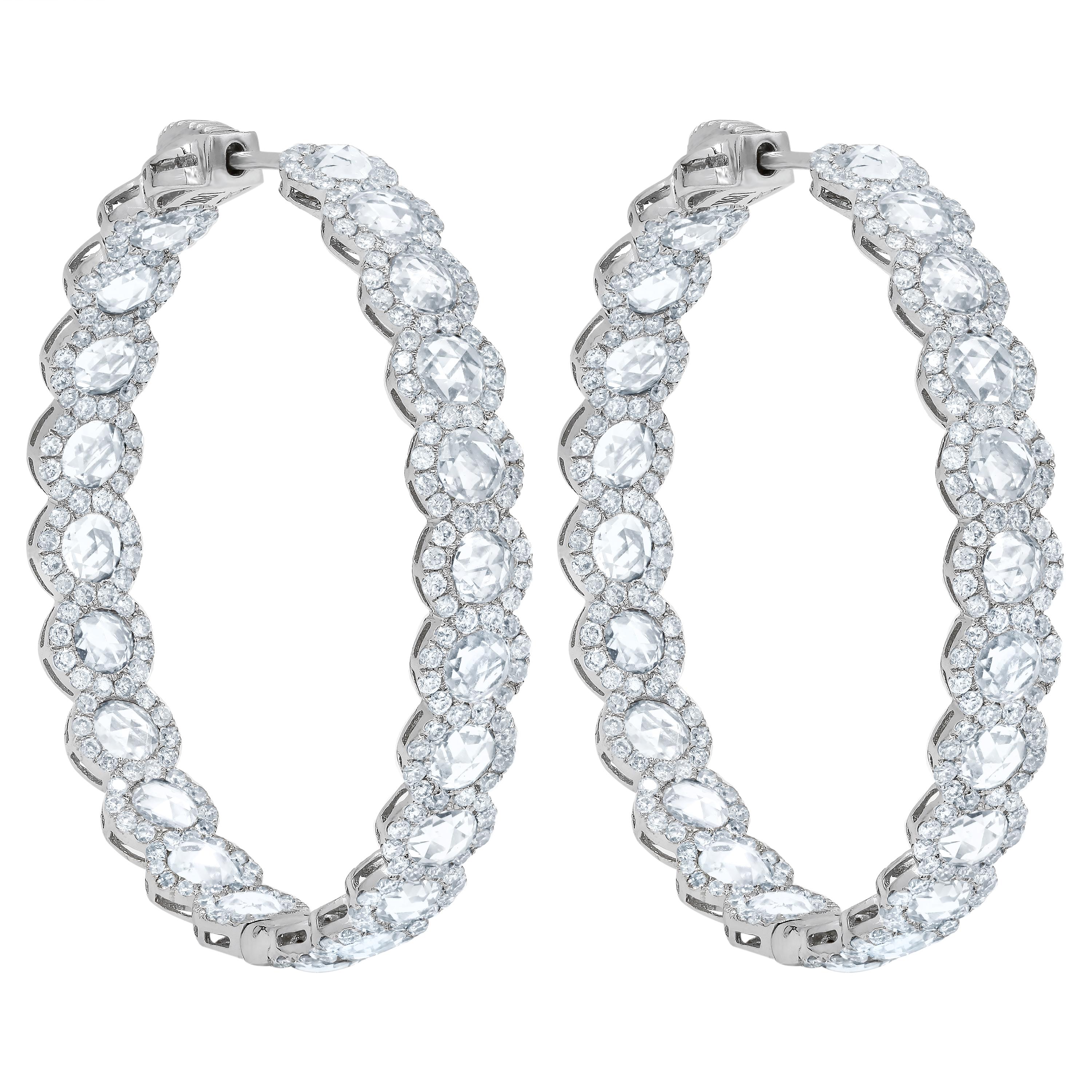 Diana M.  18 kt white gold inside-out hoop earrings with halo design 5.90ct In New Condition For Sale In New York, NY