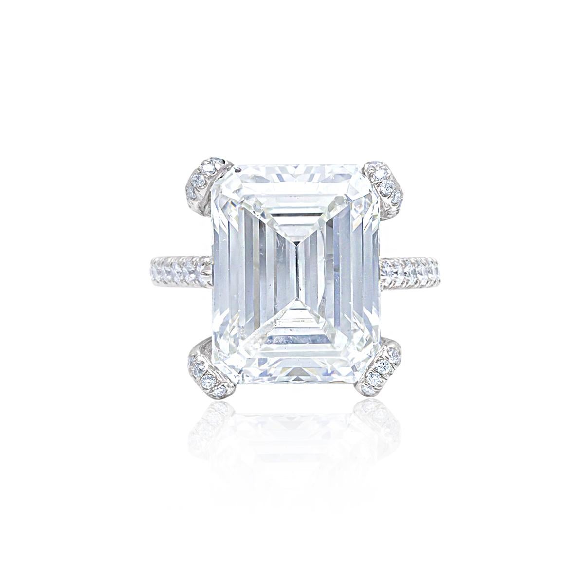 18 kt white gold engagement ring featuring a center 10.76 ct emerald cut diamond(GIA#2225104157) (J-SI1) with 1.00 cts tw of micro pave round brilliant diamonds on the band and on the prongs(G/H VS/SI)
Diana M is one-stop shop for all your jewelry
