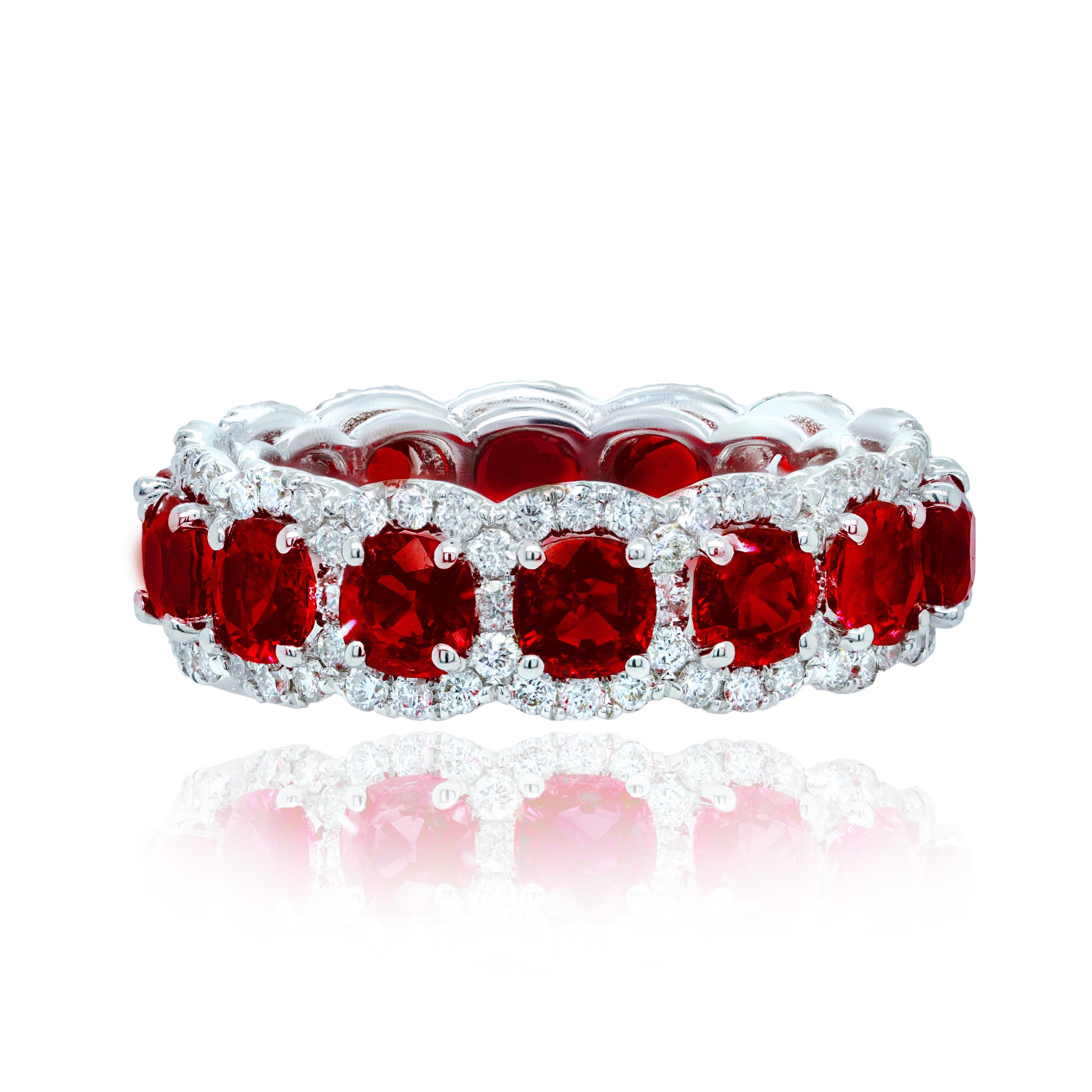 18 kt white gold ruby and diamond ring adorned with 5.40 cts tw of round pink rubies surrounded by 1.60 cts tw of round diamonds going all the way around in a halo design.
Diana M. is a leading supplier of top-quality fine jewelry for over 35