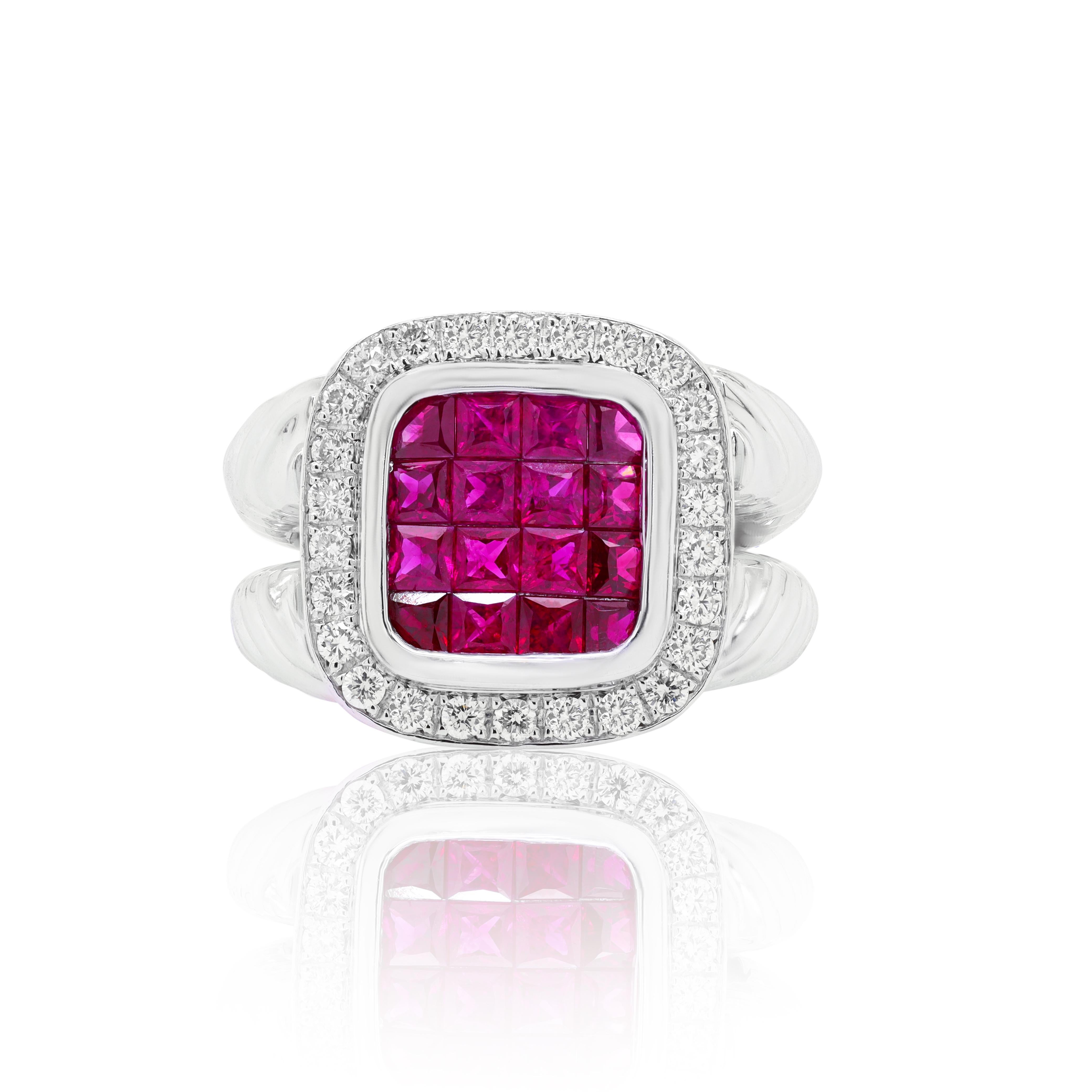 18 kt white gold ruby diamond fashion ring featuring  2.40 cts tw of rubies surrounded by 1.00 cts tw of diamonds.
Diana M. is a leading supplier of top-quality fine jewelry for over 35 years.
Diana M is one-stop shop for all your jewelry shopping,