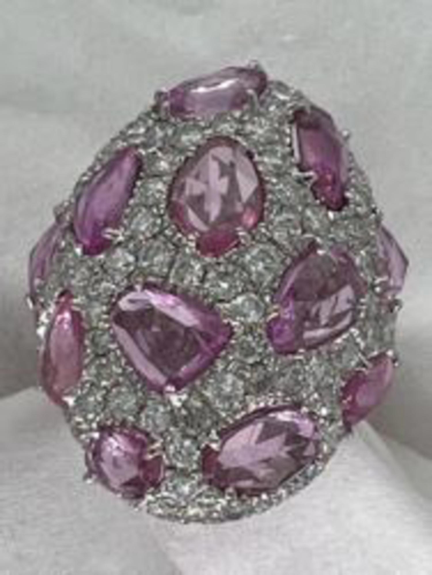 Cushion Cut Diana M. 18 kt white gold pink sapphire and diamond ring adorned with 7.10 cts  For Sale