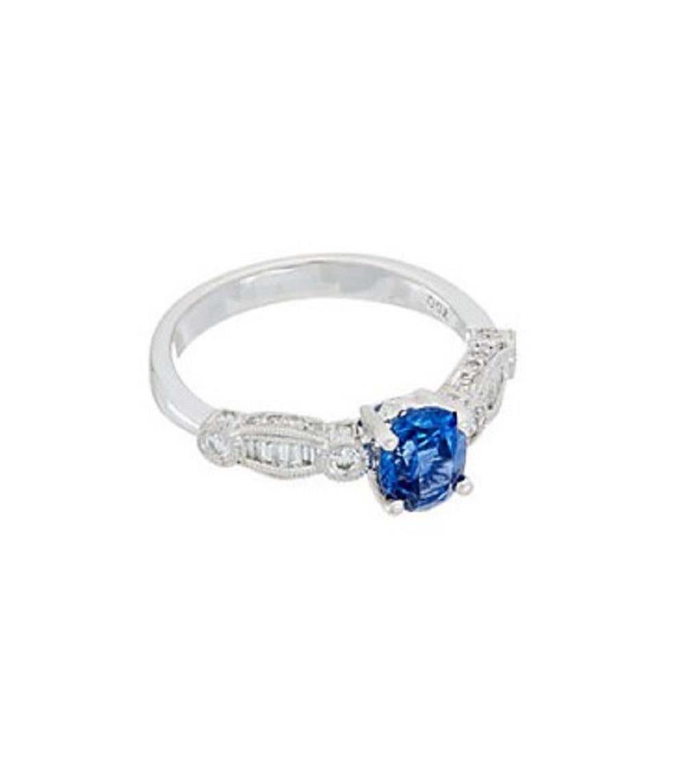 18 kt white gold sapphire and diamond ring featuring a center 1.33 ct oval cut sapphire with 0.35 cts tw of baguette cut and round diamonds around.
Diana M. is a leading supplier of top-quality fine jewelry for over 35 years.
Diana M is one-stop