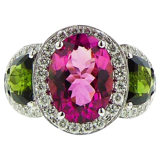 Diana M. 18 kt white gold tourmaline and diamond ring featuring a 5.62 ct oval For Sale