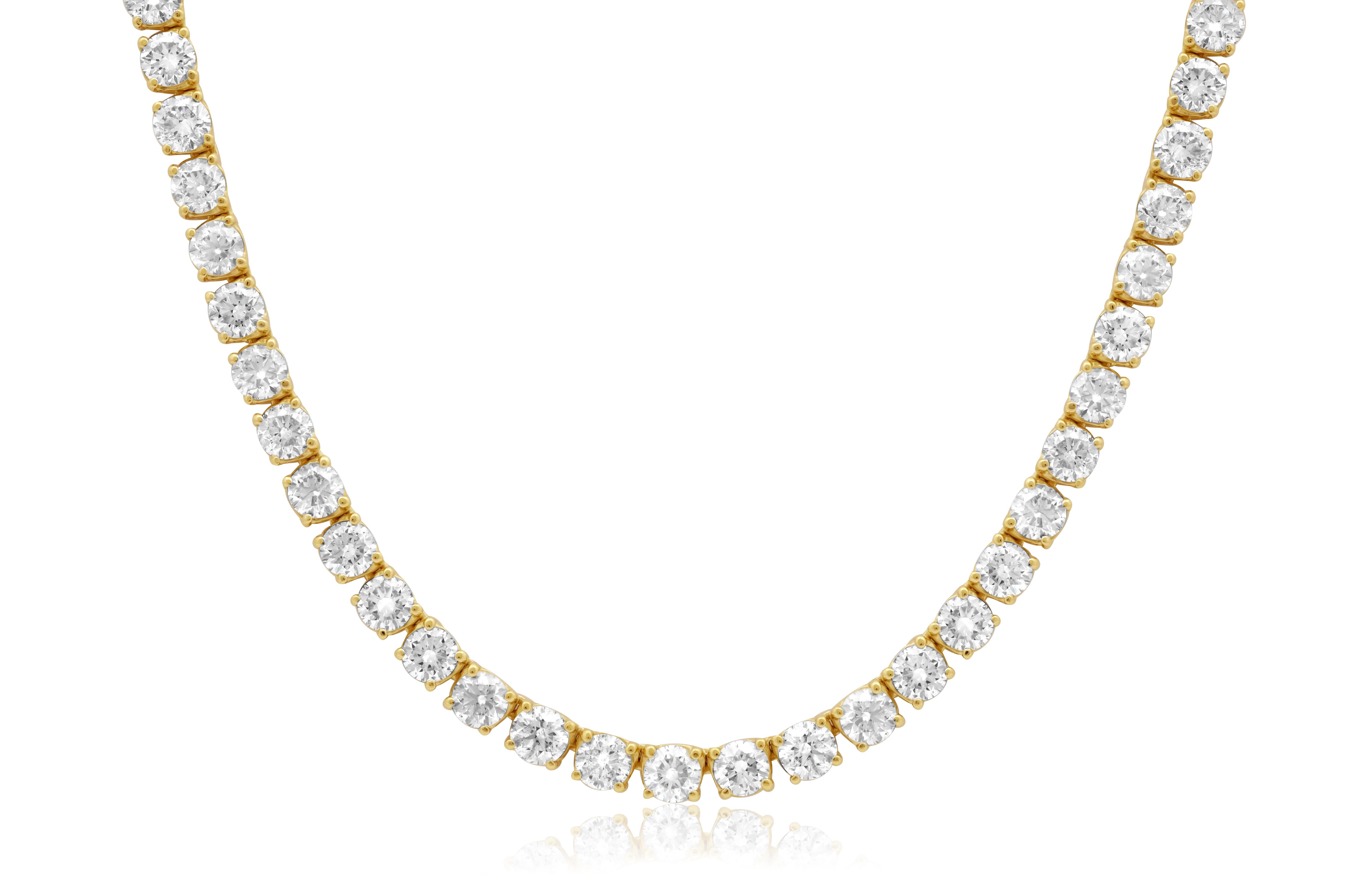 Round Cut Diana M. Custom 23.30 Cts 4 Prong Round Diamond 18k Yellow Gold Tennis Necklace  For Sale