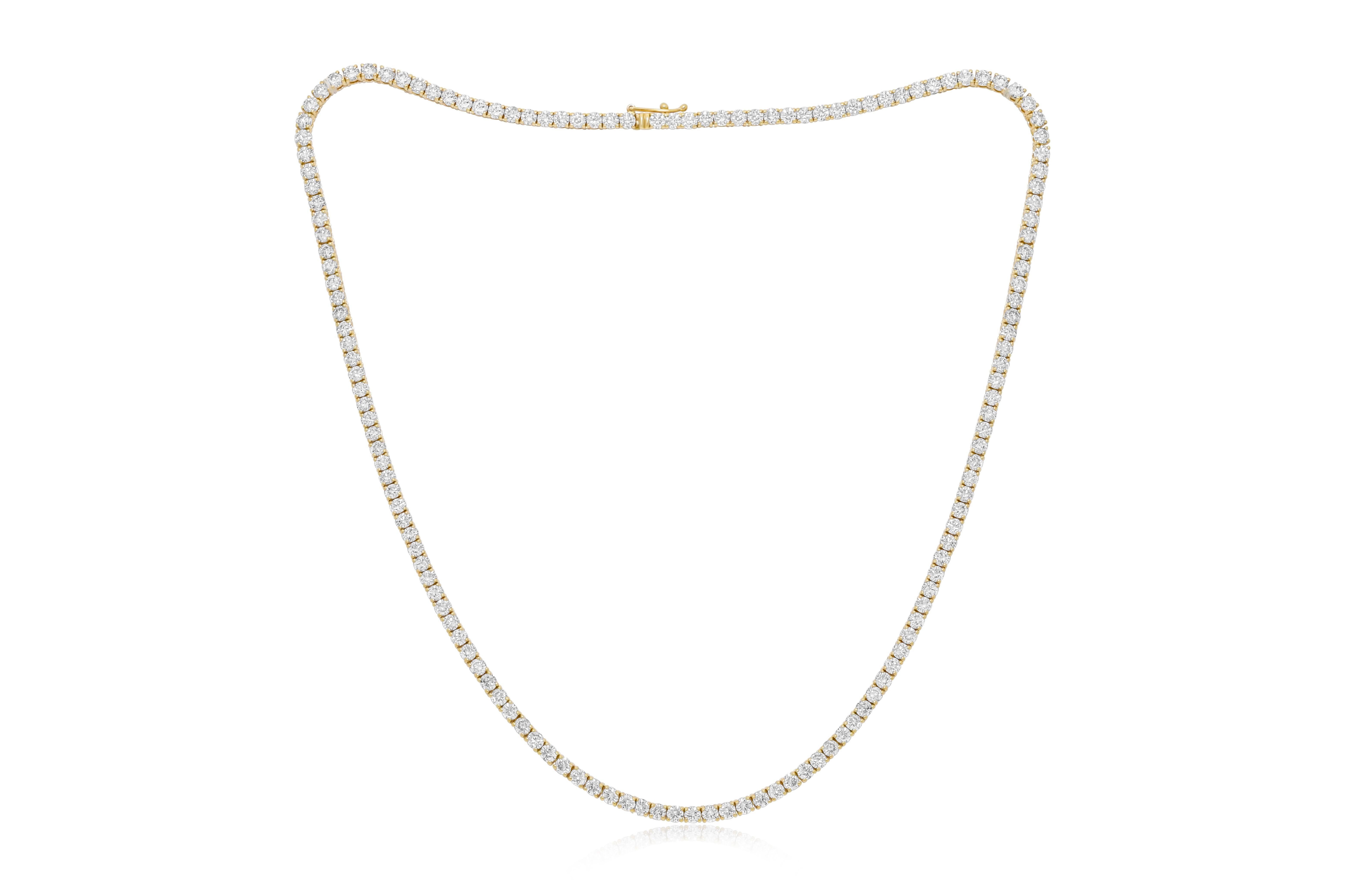 Modern Diana M. Custom 23.30 Cts 4 Prong Round Diamond 18k Yellow Gold Tennis Necklace  For Sale