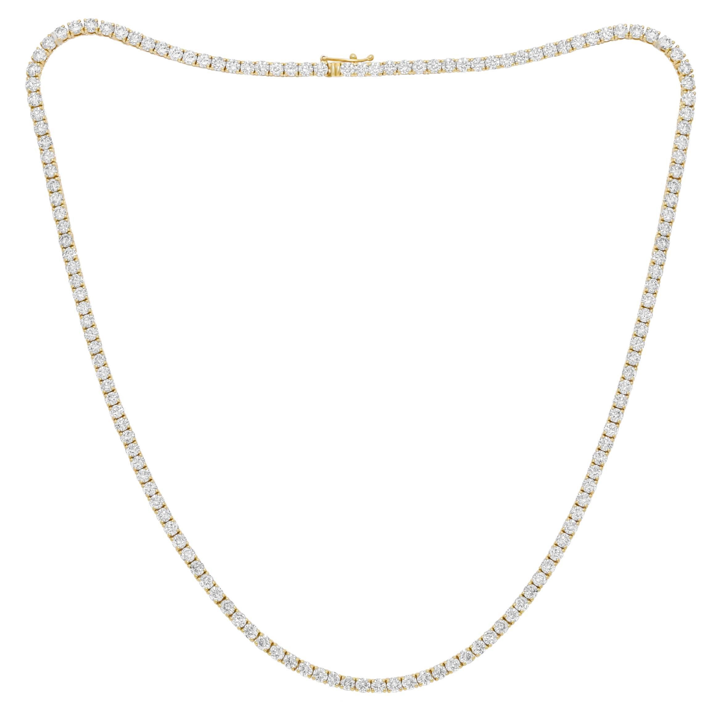 Diana M. Custom 23.30 Cts 4 Prong Round Diamond 18k Yellow Gold Tennis Necklace  For Sale