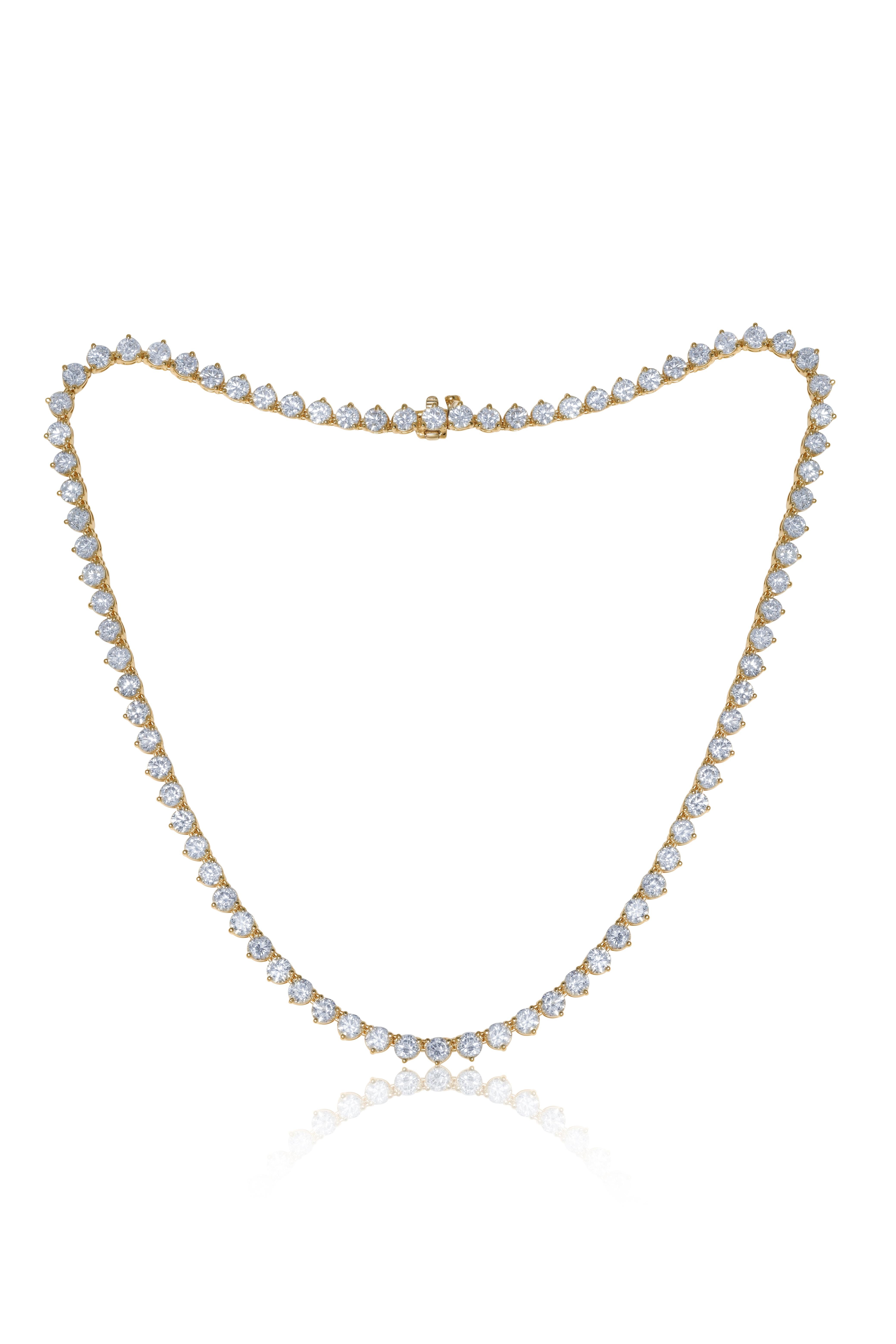 Taille ronde Diana M. Collier tennis à 3 griffes en or jaune 18 carats, diamants de 17 pouces  en vente
