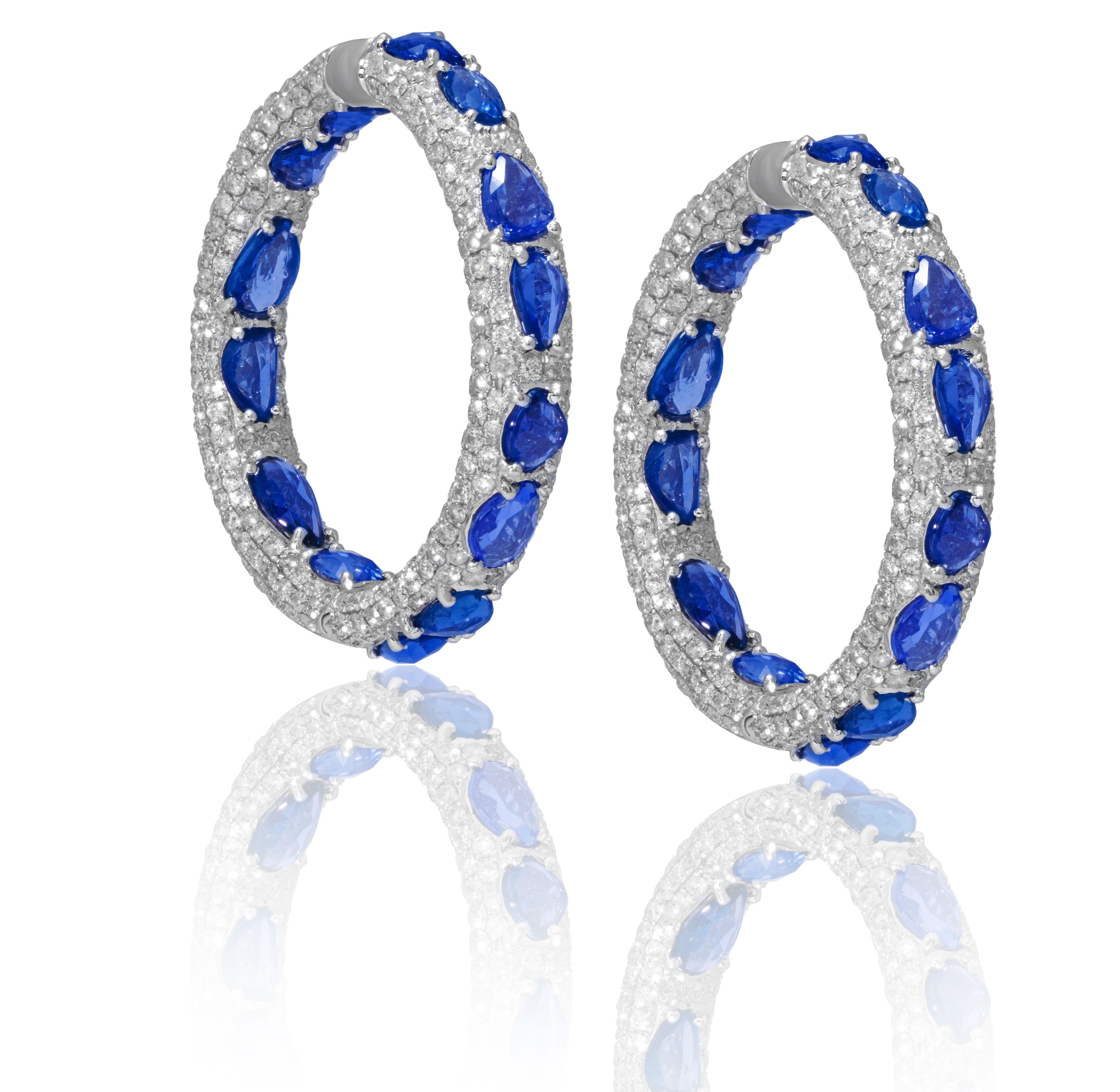 Women's Diana M. 18.00 Carat Rose Cut Sapphire and Diamond Hoop Earrings For Sale