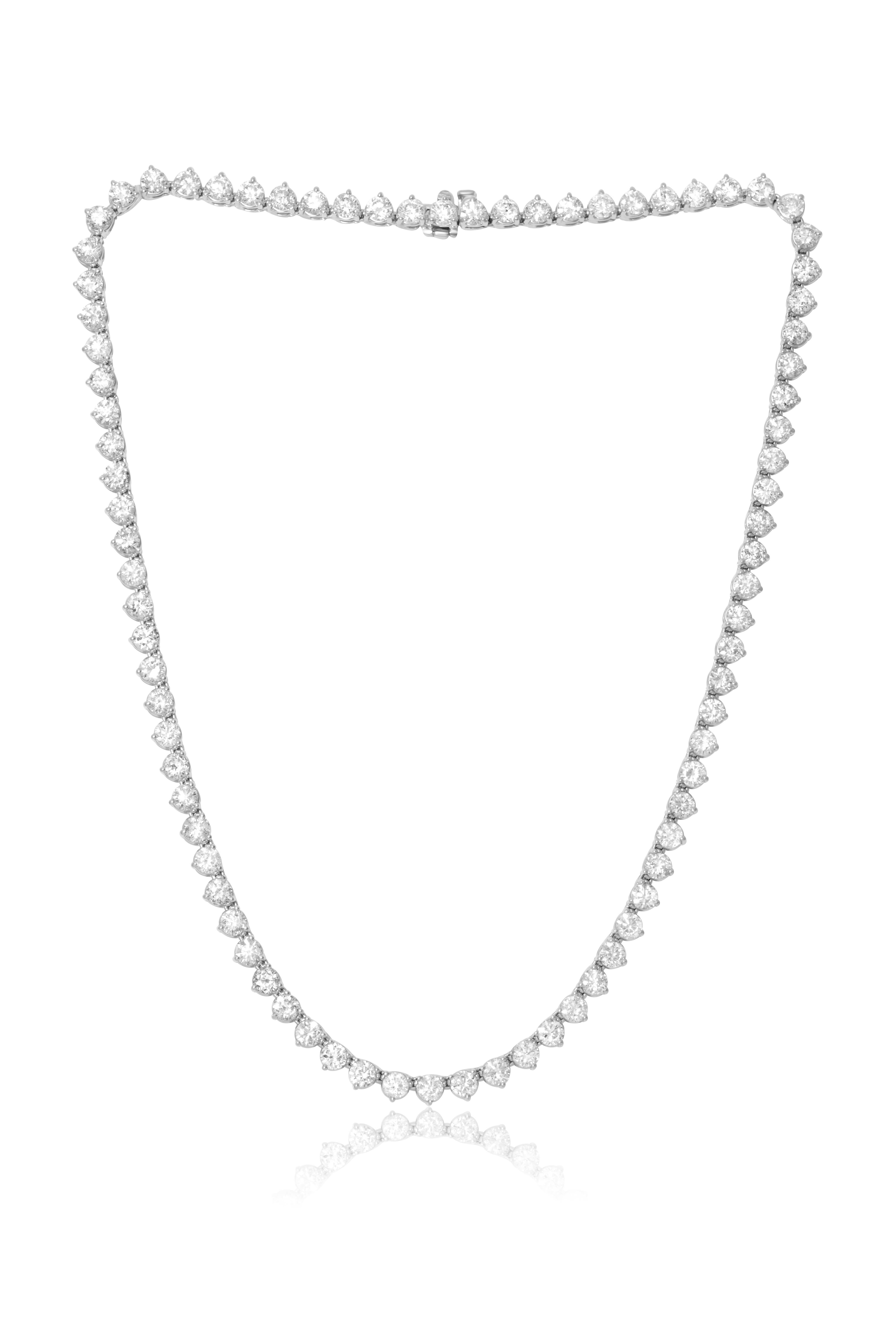 Modern Diana M.  Custom 18.30cts 3-Prong Diamond Tennis  Necklace 18k White Gold For Sale