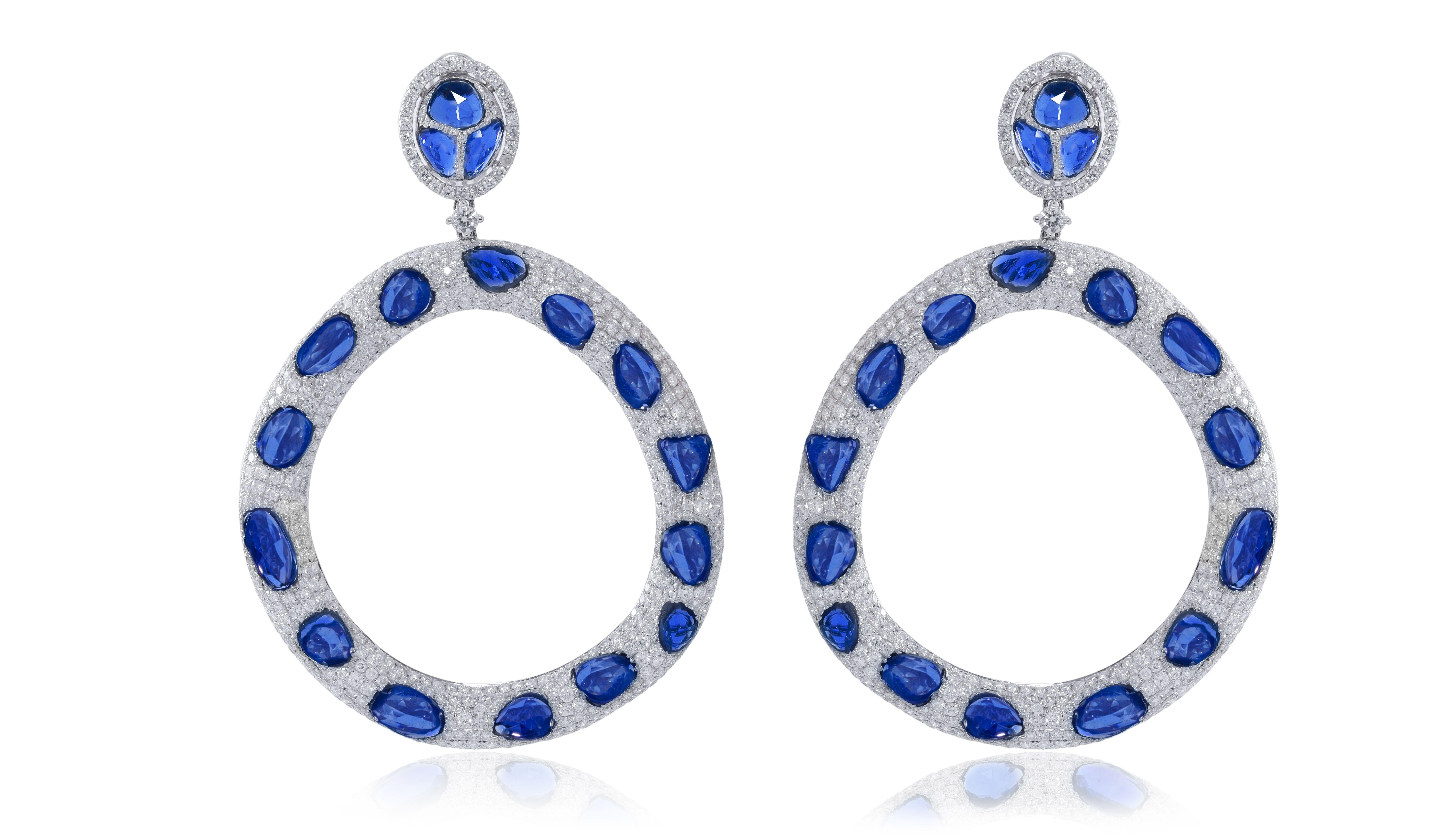 Rose Cut Diana M. 18.78 Carat Sapphire and Diamond Earrings For Sale