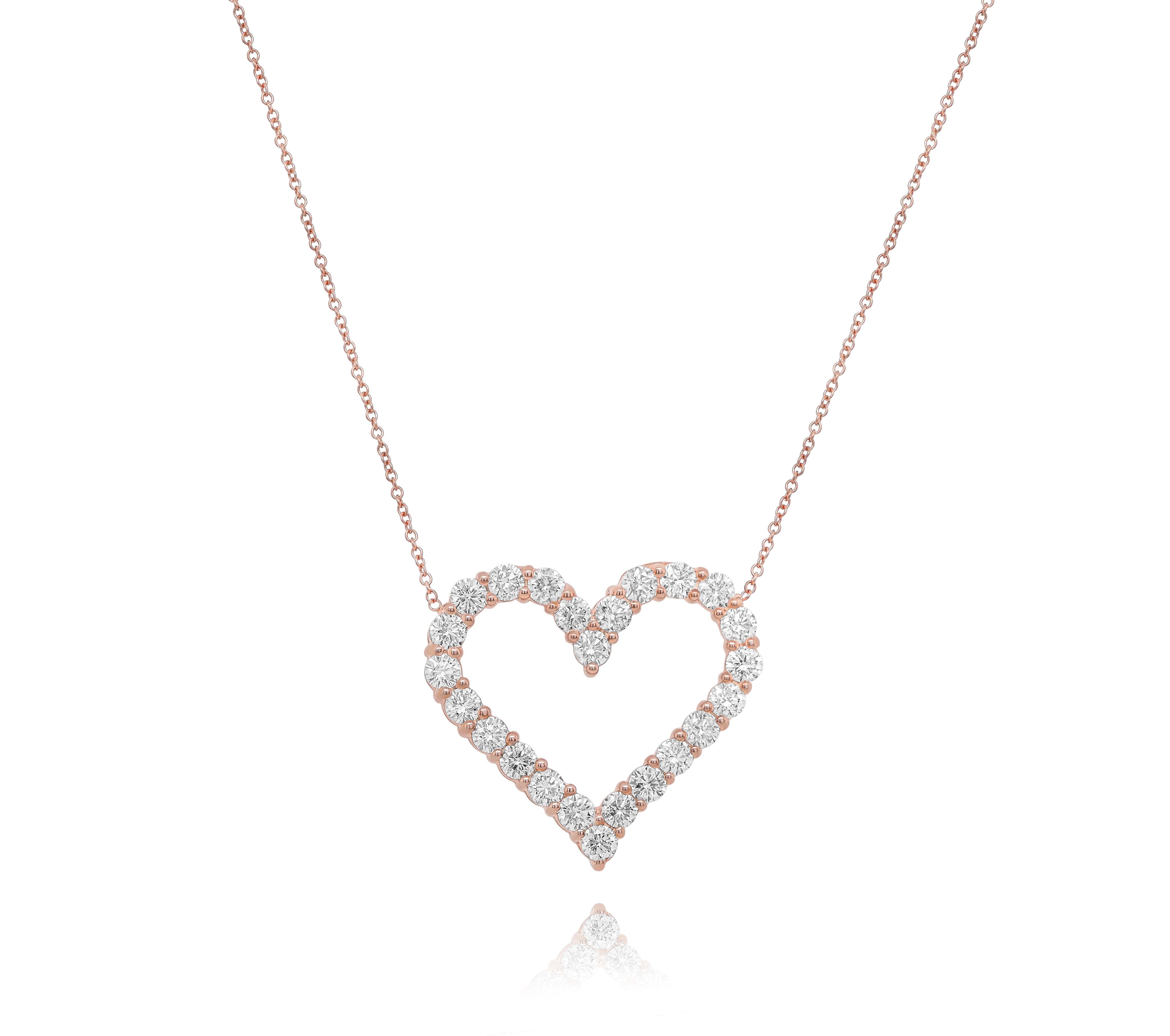 Pendente a cuore aperto in oro rosa 18kt con 2,40 carati di diamanti rotondi, 24 pietre 