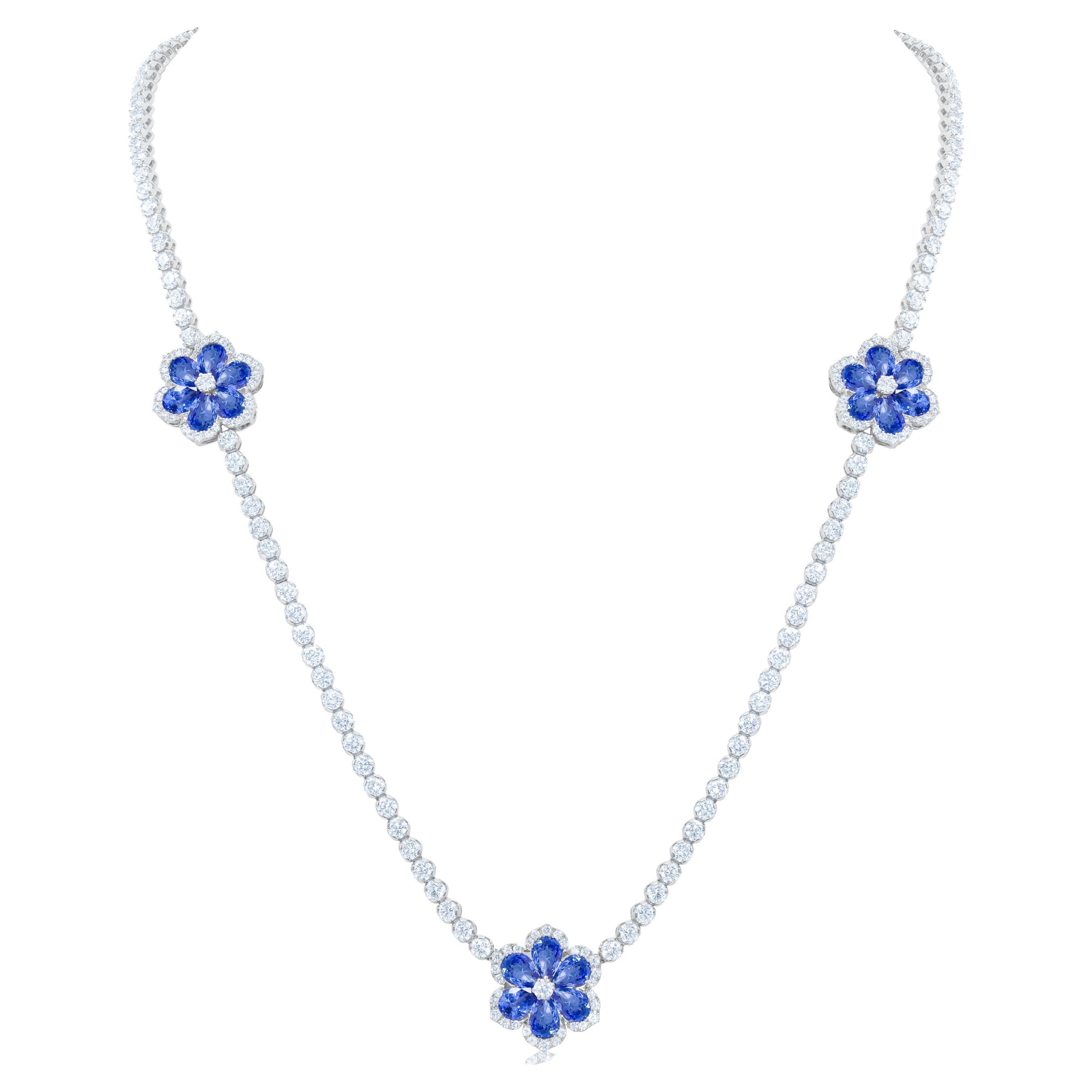 Diana M 18K White Gold 13.78 Ct Sapphire & 22.51 Ct Diamond Long Tennis Necklace For Sale