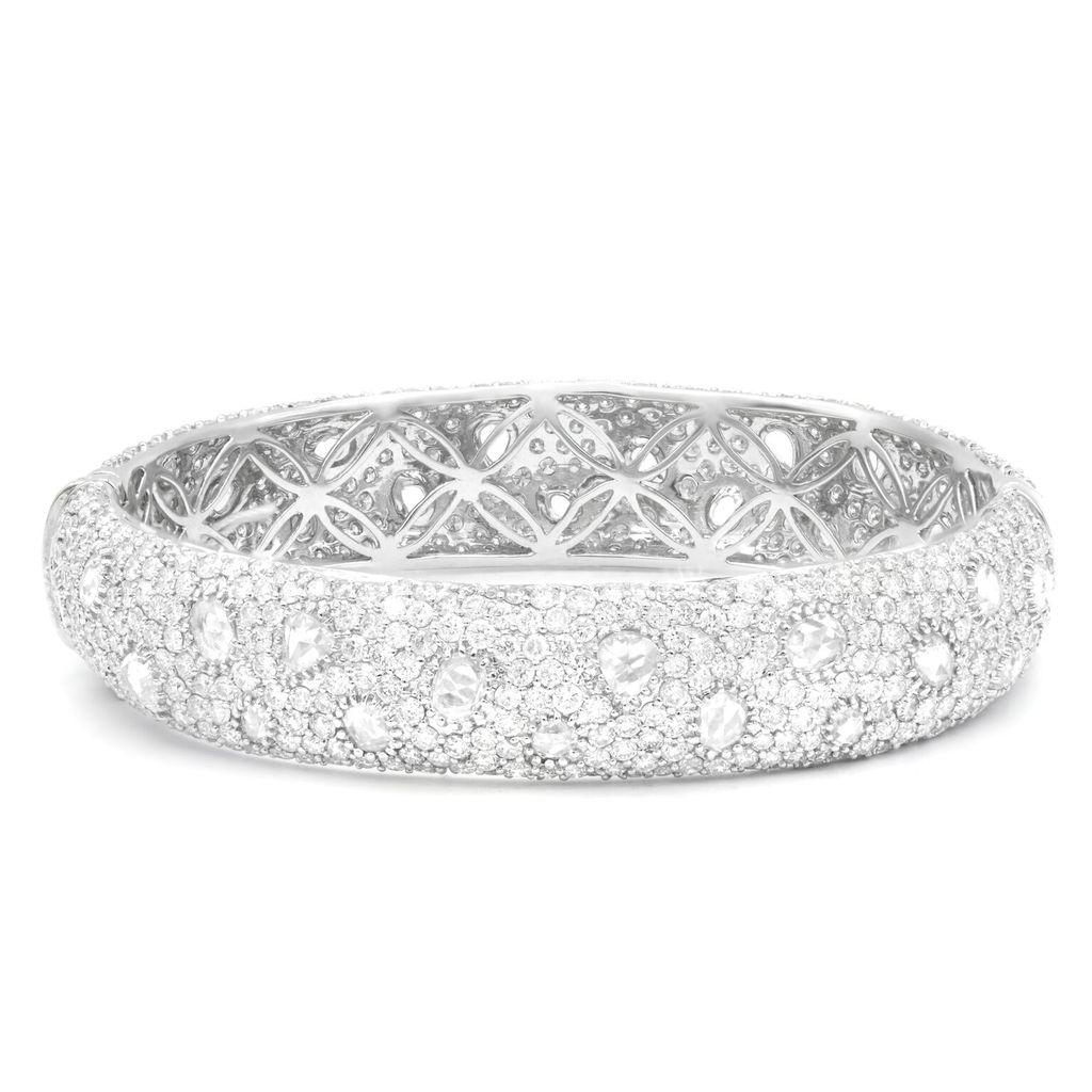 Round Cut Diana M 18K White Gold 18.30 Ct Tw Diamond Pave Bangle Bracelet For Sale