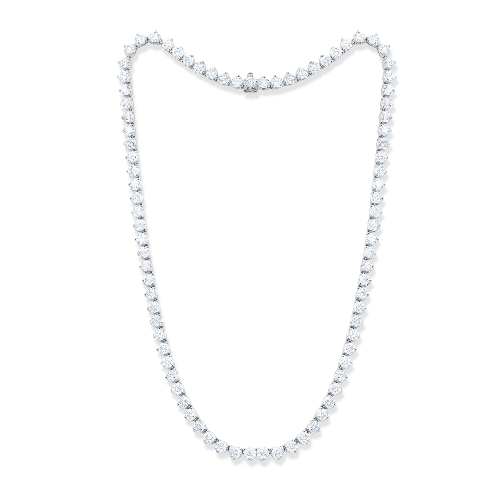 Round Cut Diana M 18K White Gold 25.80 Cts Tw Diamond Tennis Necklace Set in 3 Prong For Sale