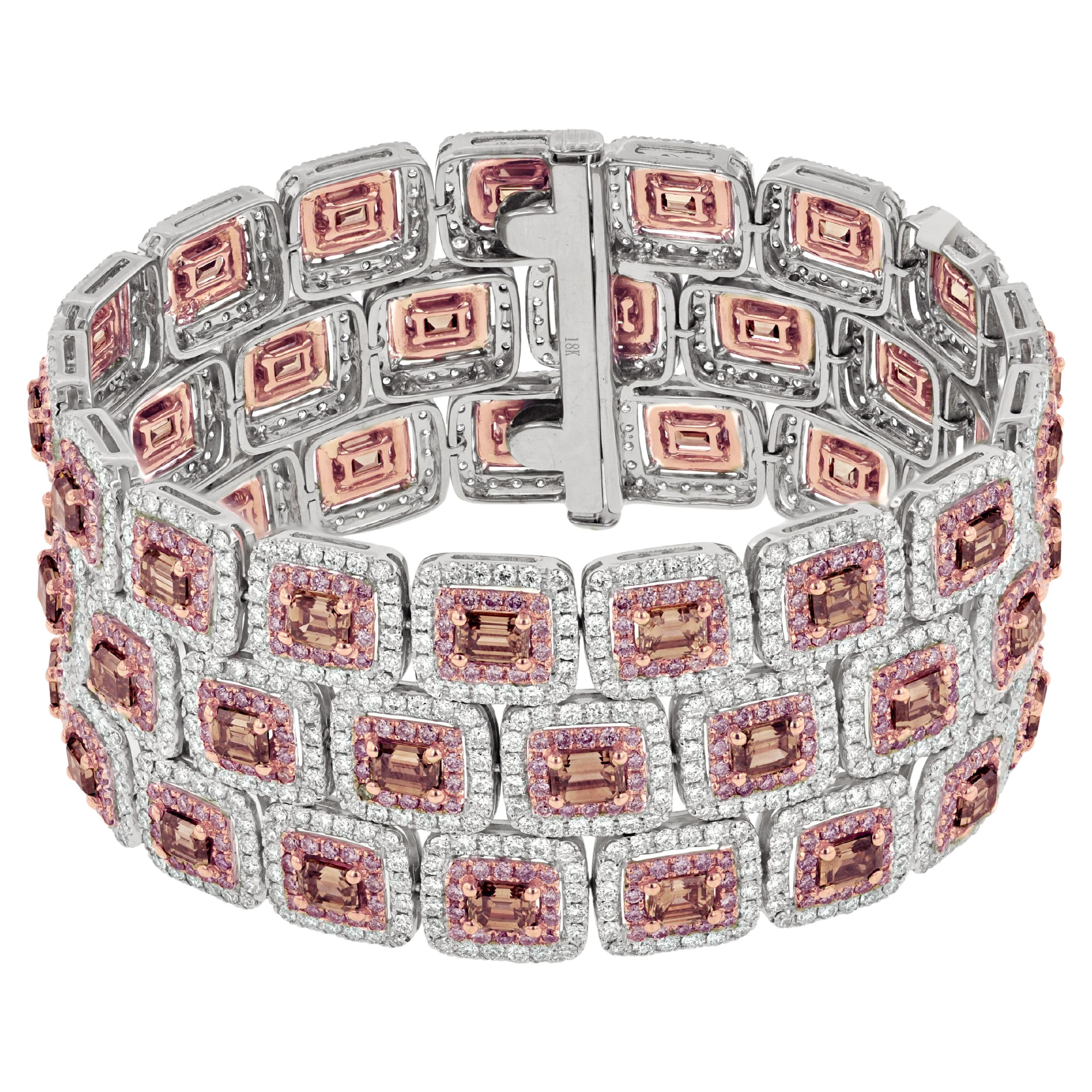 Diana M 18K White Gold 3 Row Pink Diamond Emerald Halo  Bracelet