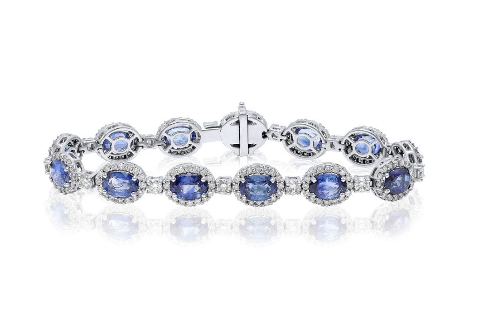 Diana M 18K White Gold 3.75 Ct Diamond & 12.15 Ct Blue Sapphire Bracelet In New Condition For Sale In New York, NY