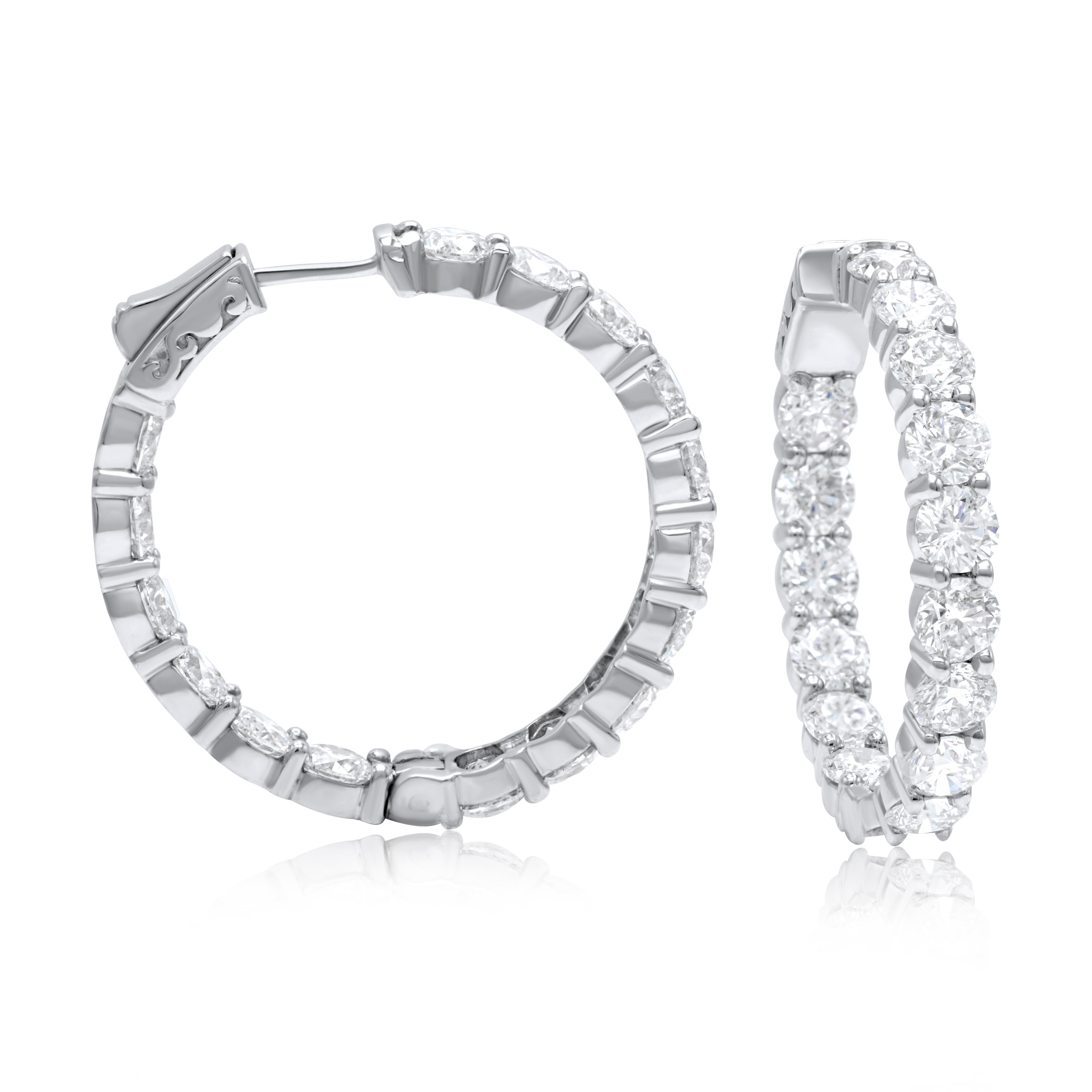 Round Cut Diana M.  18K withe gold diamond hoops with 9.20 cts of round diamonds   For Sale
