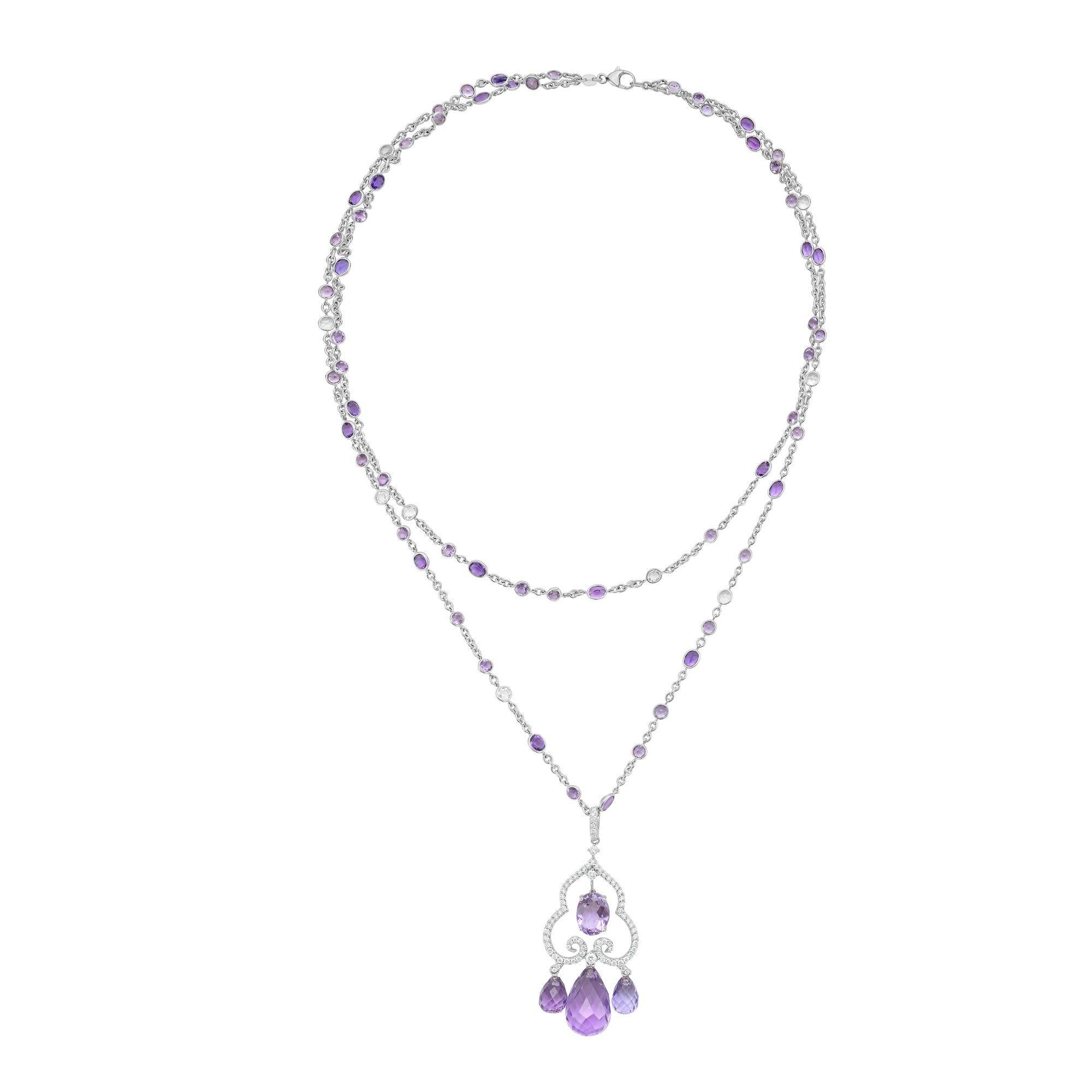 Taille ovale Diana M Pendentif Briolette en or 18kt Améthyste, saphir blanc et diamant en vente