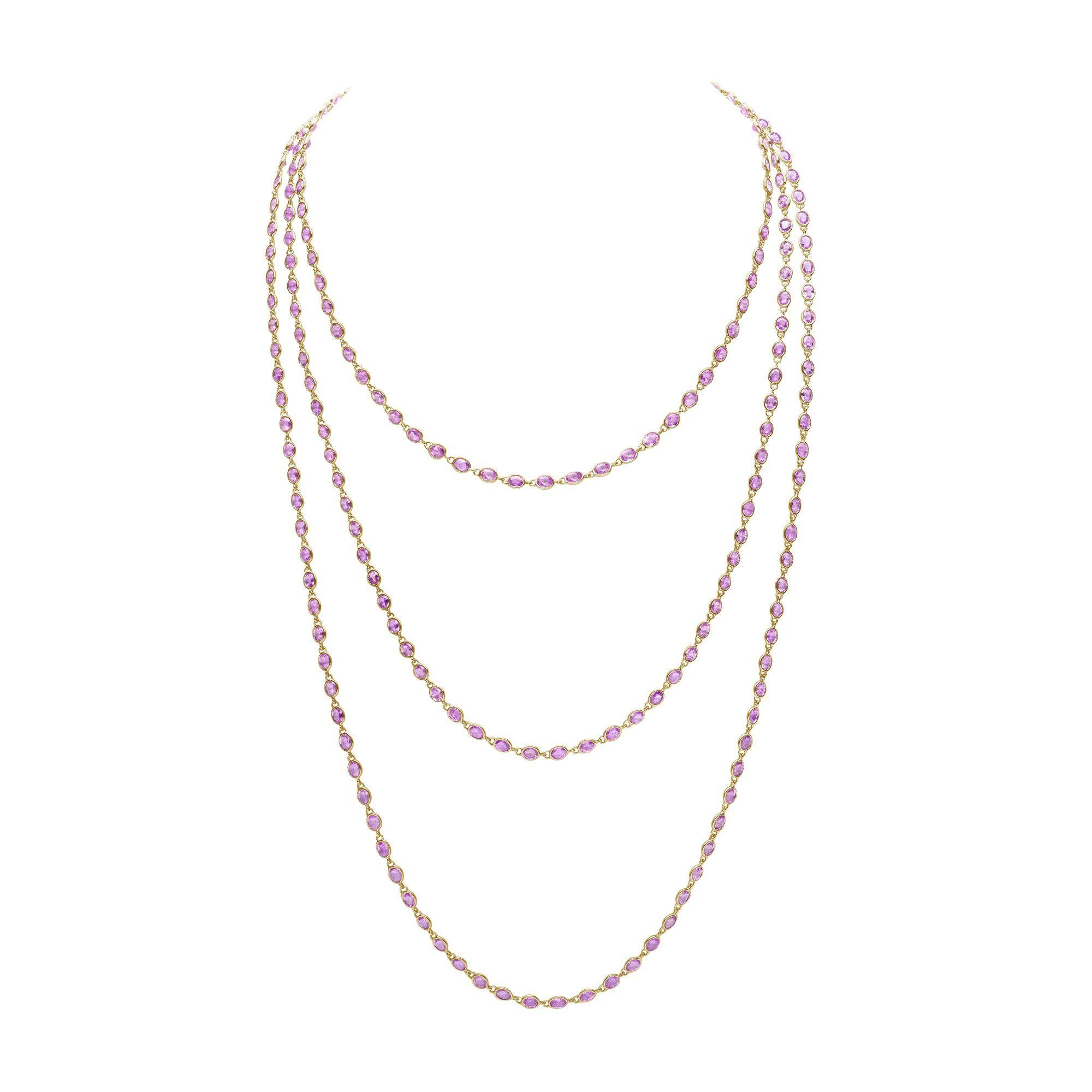 18kt Gelb-, Weiß- und Roségold Rosa Saphir Halskette mit 101,98cts von ovalen rosa Saphir, mit einer Länge von 79