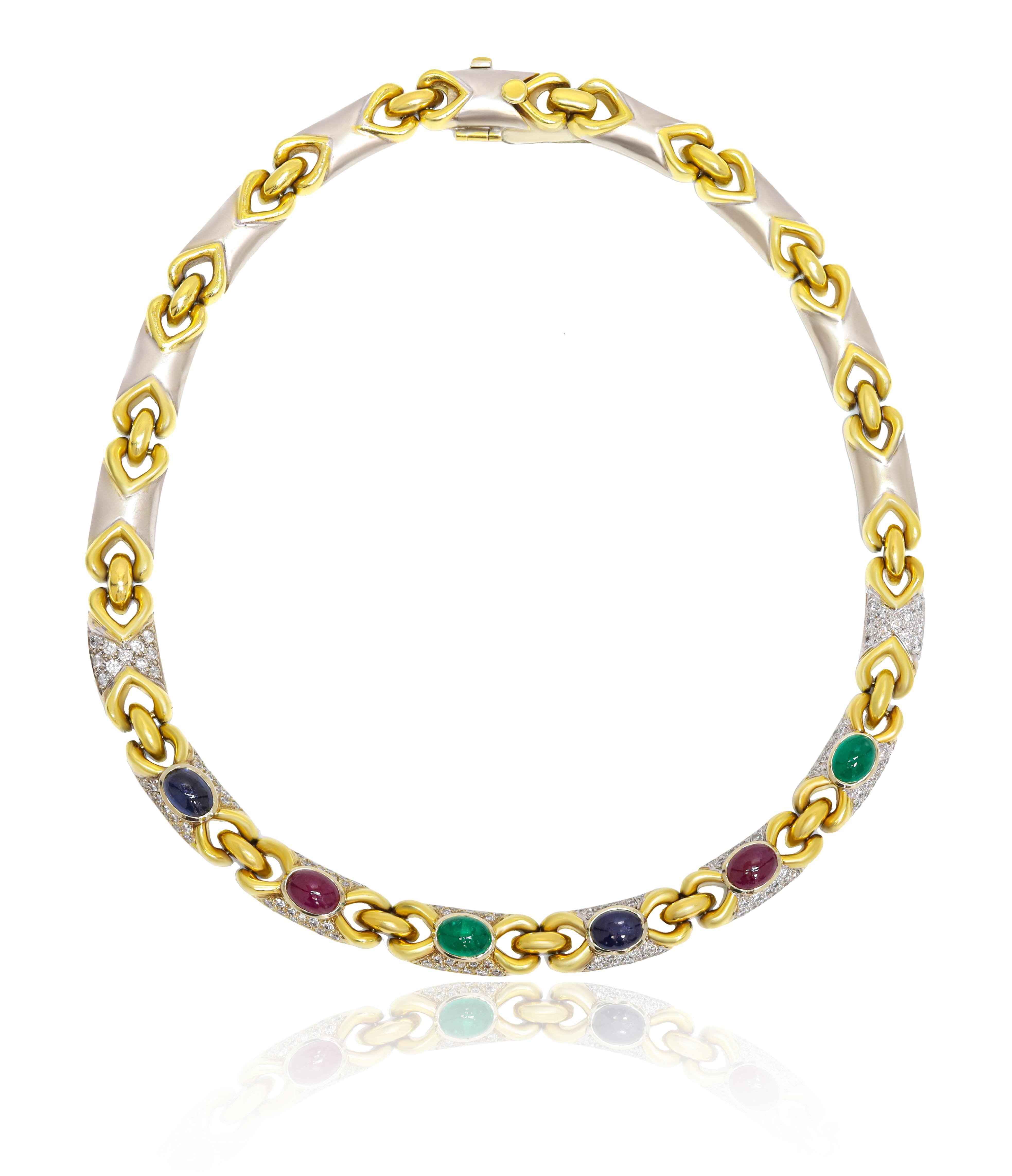 18kt two tone multi-stone necklace featuring 11.00 cts of pave round diamonds and 12.00 cts of cabochon emeralds, rubies, and sapphires 
Diana M. is a leading supplier of top-quality fine jewelry for over 35 years.
Diana M is one-stop shop for all