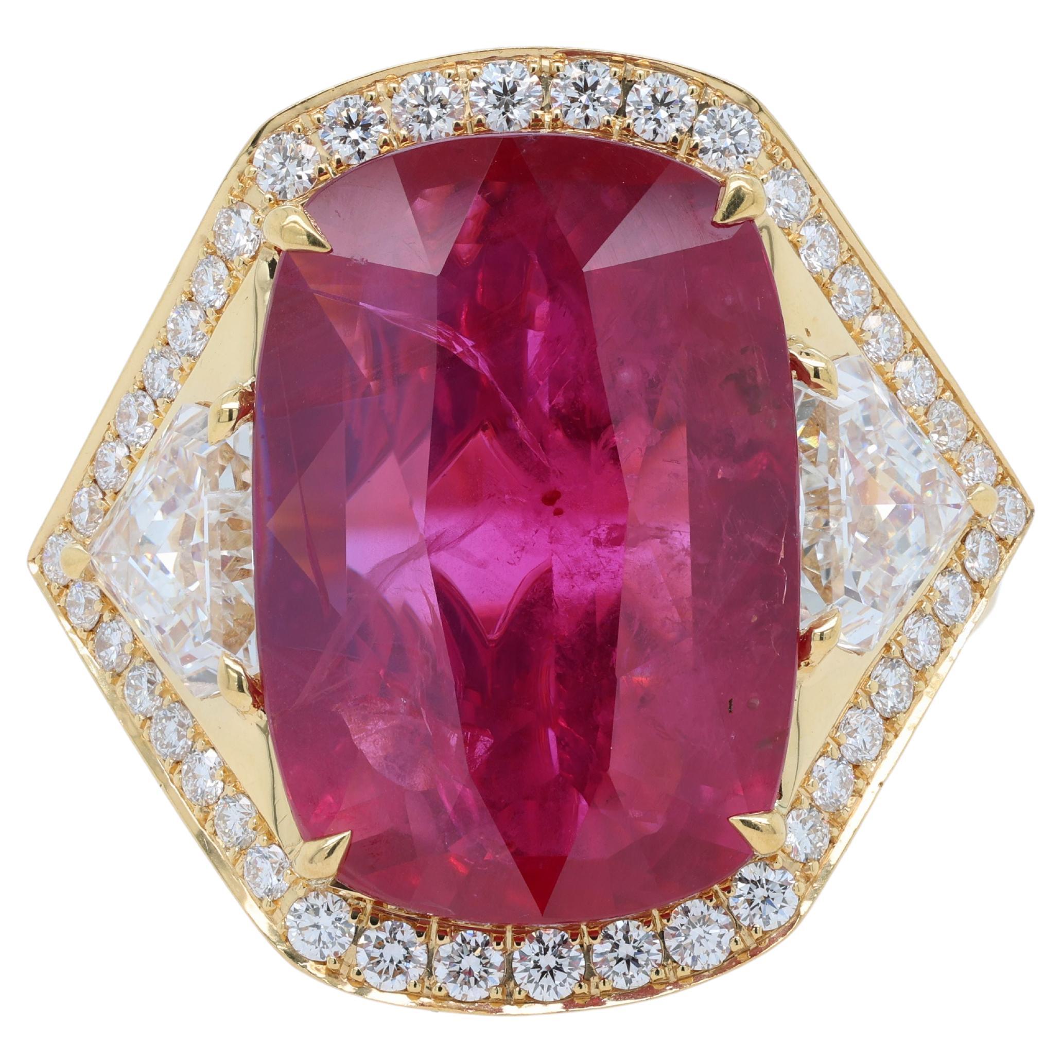 This 18 karat ruby ring features a captivating 10.01 carat GRS-certified Pigeon Blood Red ruby as its centerpiece, encircled by 2.00 carats of sparkling diamonds.