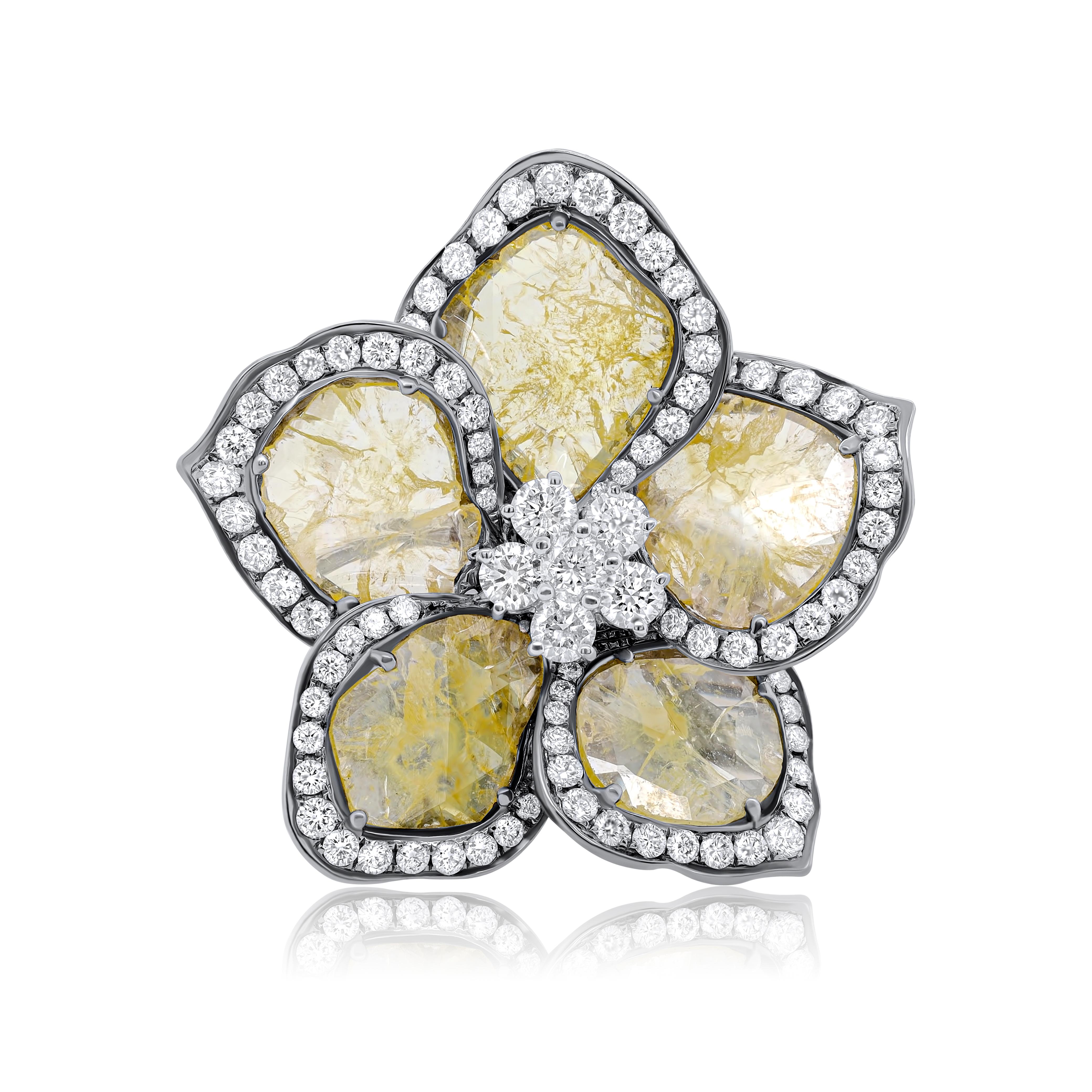 18 kt white gold diamond ring featuring a flower design created by 6.53 cts tw of yellow and white rough cut sliced diamonds
Diana M. is a leading supplier of top-quality fine jewelry for over 35 years.
Diana M is one-stop shop for all your jewelry
