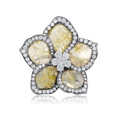 Diana M .18kt wg diamond ring  flower design with 6.53cts yellow sliced diamonds