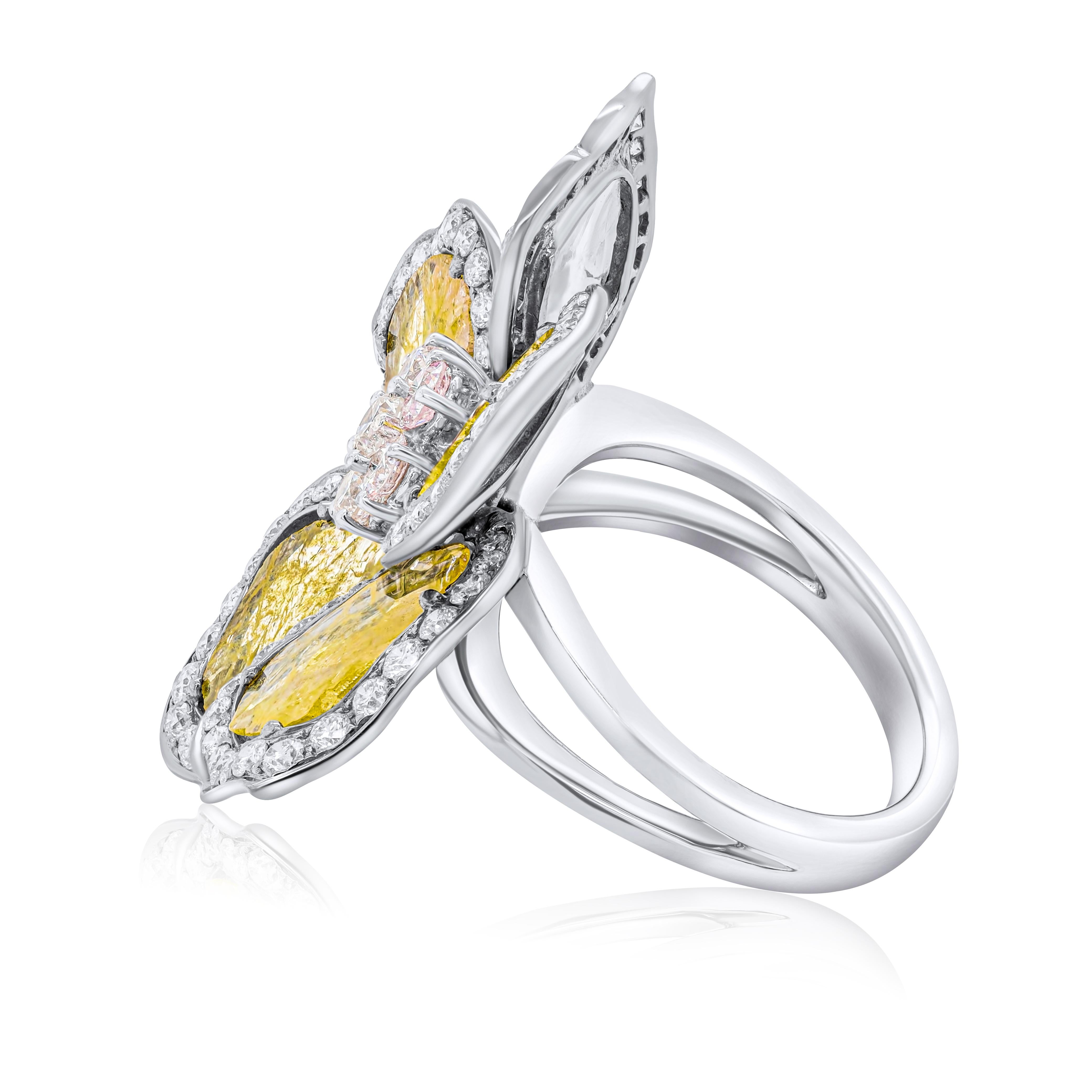 Modern Diana M .18kt wg diamond ring  flower design with 6.53cts yellow sliced diamonds For Sale