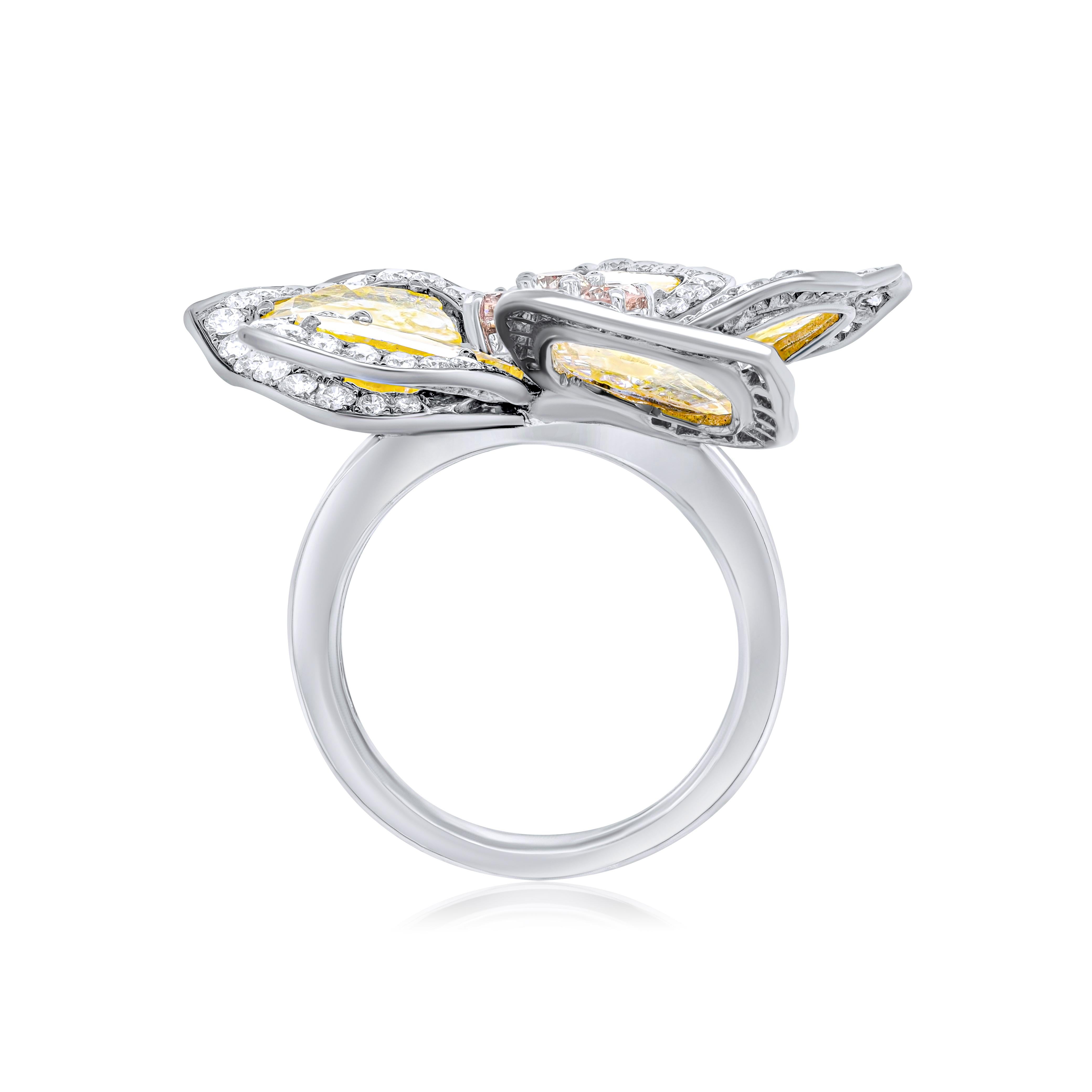 Rough Cut Diana M .18kt wg diamond ring  flower design with 6.53cts yellow sliced diamonds For Sale