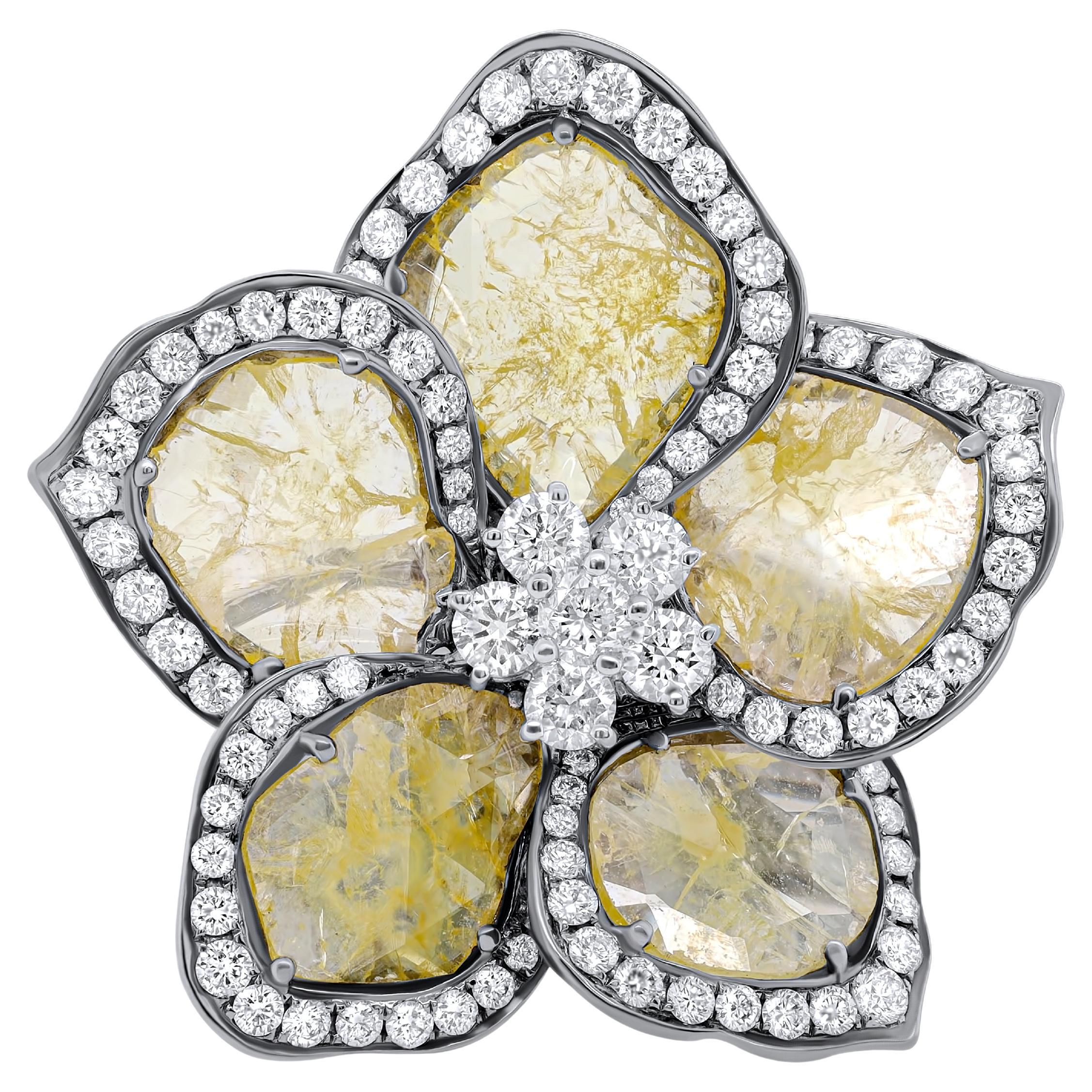 Diana M .18kt wg diamond ring  flower design with 6.53cts yellow sliced diamonds For Sale