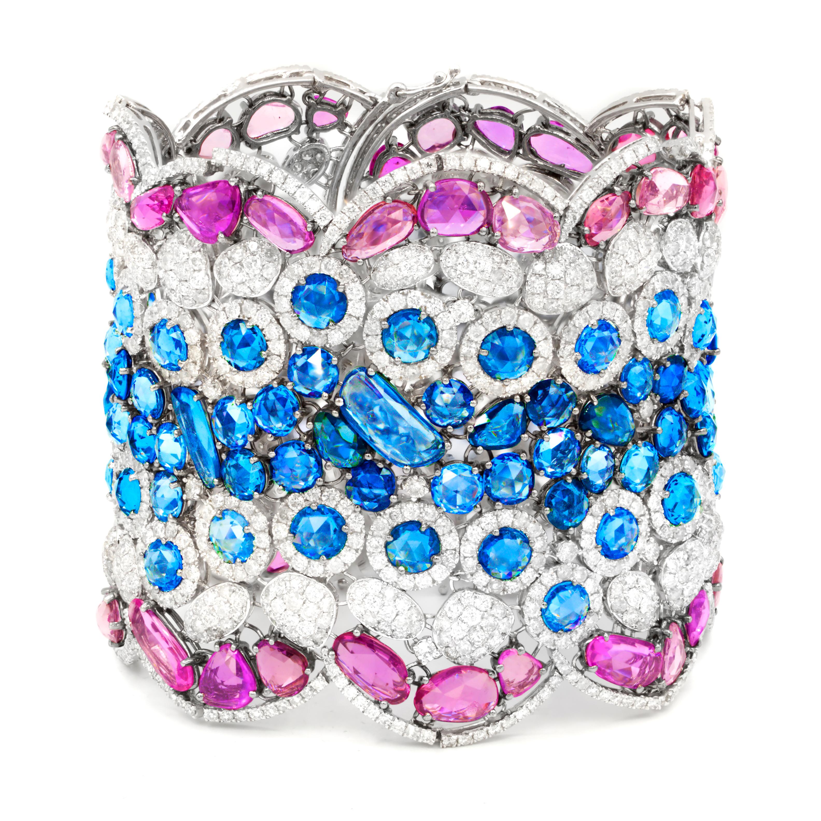 Diana M. 18kt white gold bracelet featuring 102.85 cts of pink and blue rose cut In New Condition For Sale In New York, NY