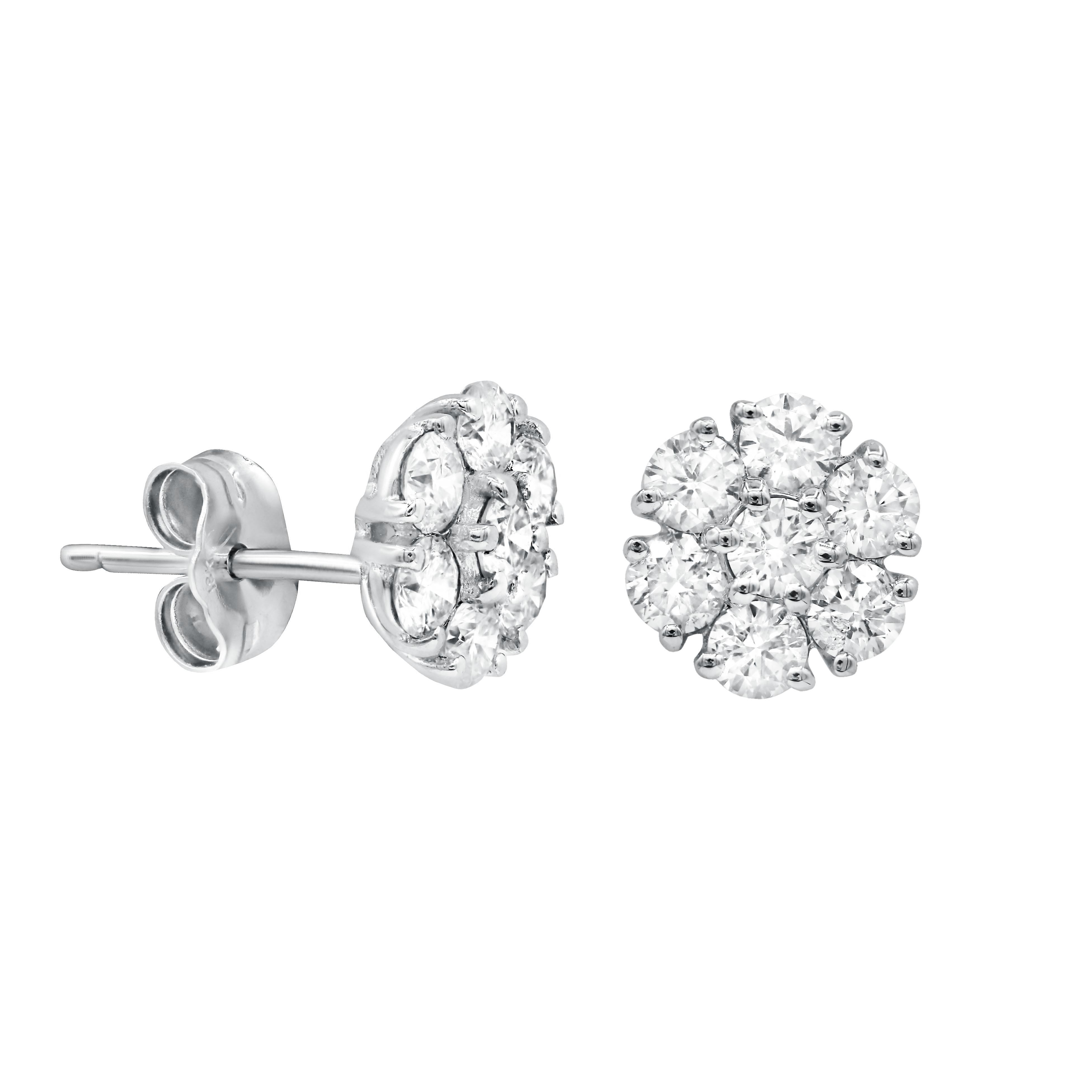 Modern Diana M. 18kt white gold diamond cluster stud earrings containing 1.60 cts tw  For Sale
