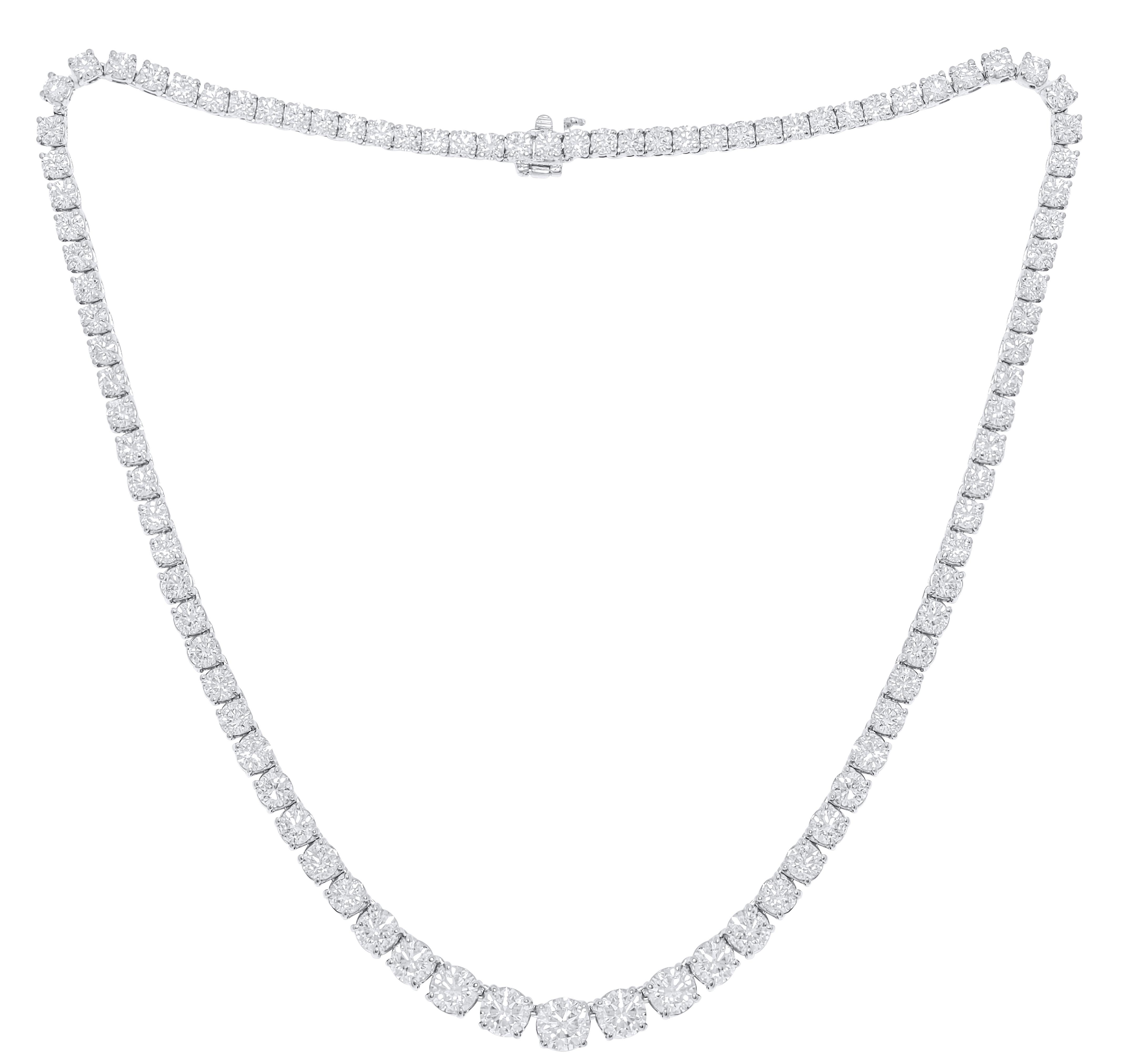 Round Cut Diana M. 18kt White Gold Graduated Riviera Tennis Necklace 17.00 cts 4 prong  For Sale