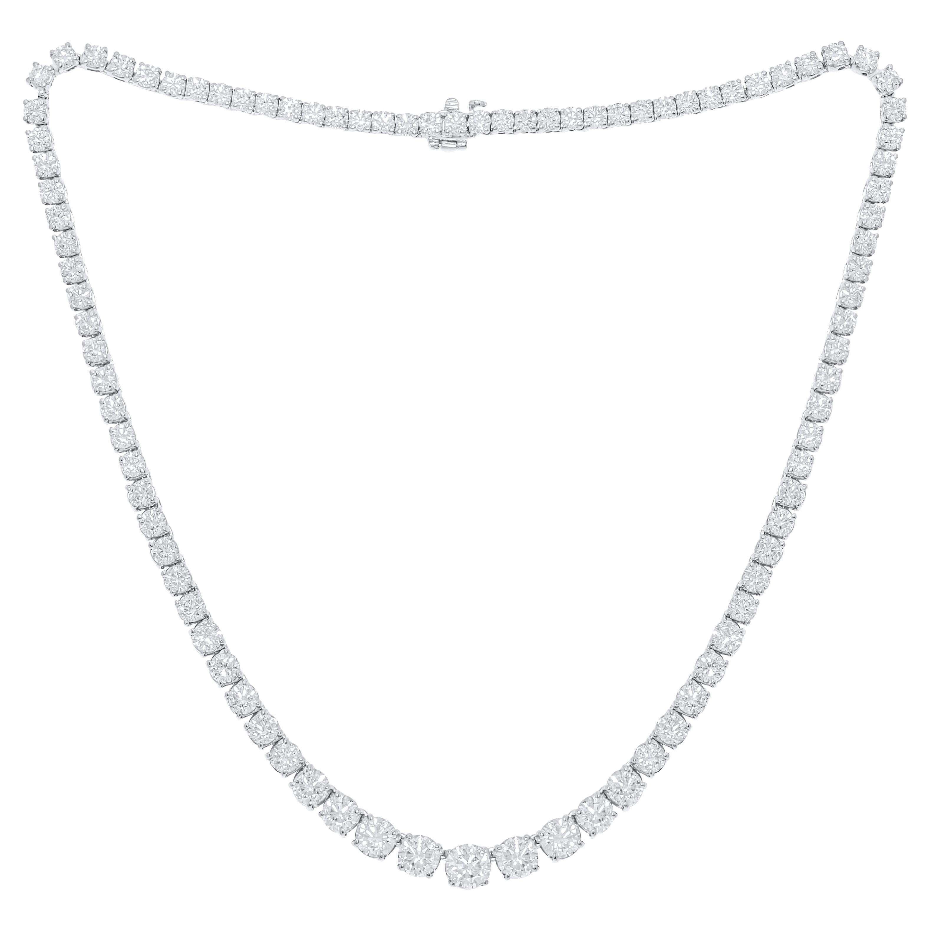 Diana M. Custom 20.05 cts Round 4 Prong Diamond 18k White Gold Tennis Necklace  For Sale