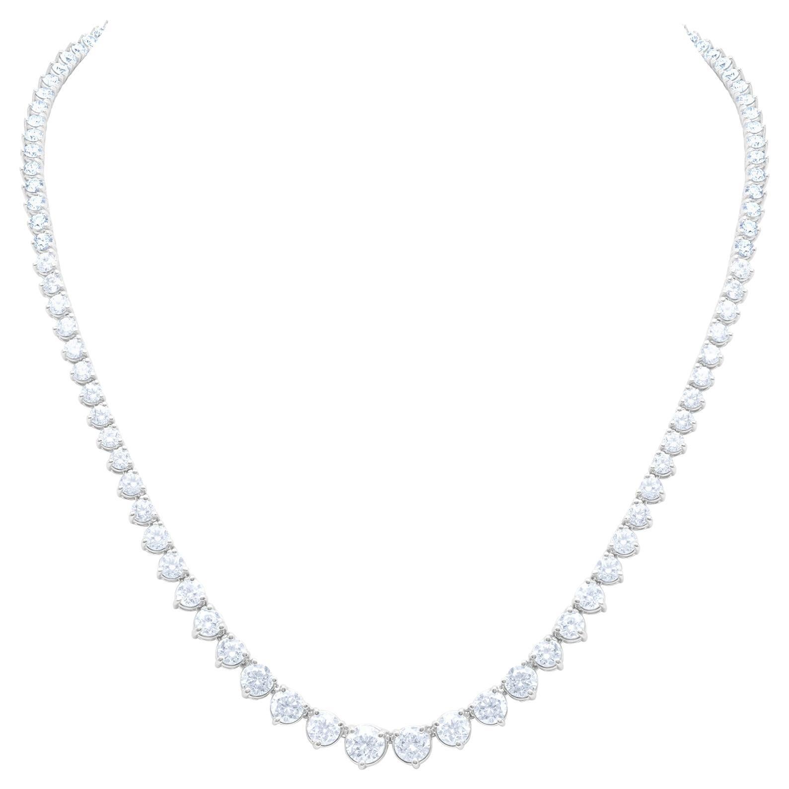 Diana M.  Custom 24.54 cts 3-prong  18k White Gold Graduated Tennis Necklace