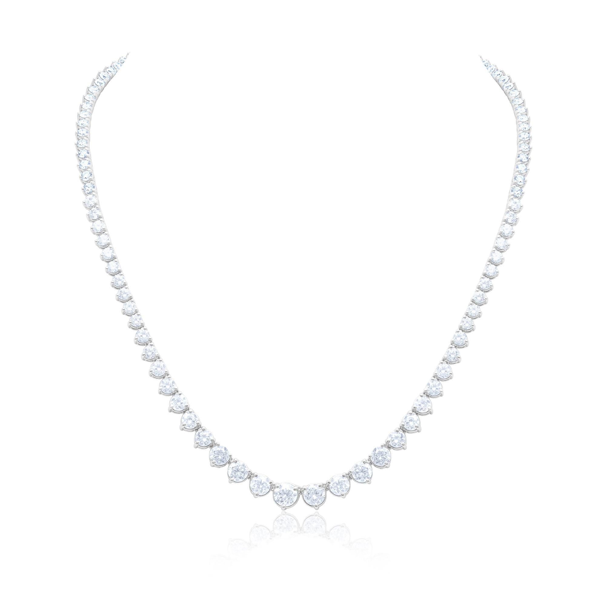 Custom 18k white gold graduated tennis necklace 17.80 cts round diamonds set in 3 prongs. Color FG SI clarity. Excellent cut.
