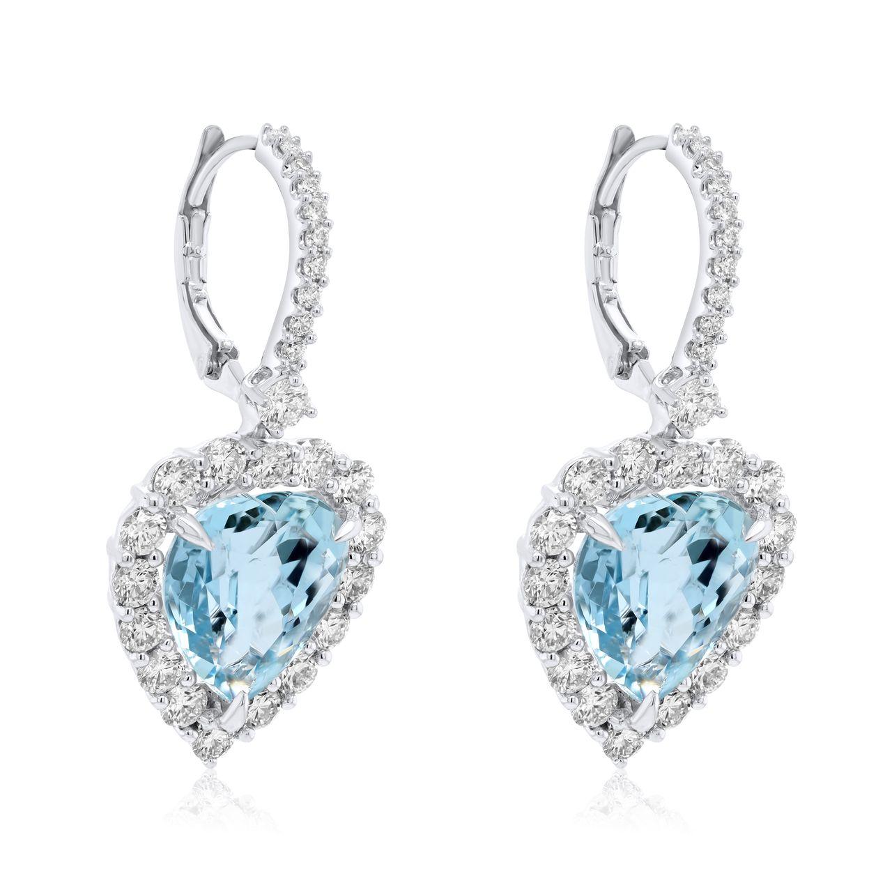 18kt white gold fashion earring 2 pcs Aquamarine heart center stone 8.15cts with 2pcs marquise 0.26cts and 48 stone 2.40cts Diamonds around