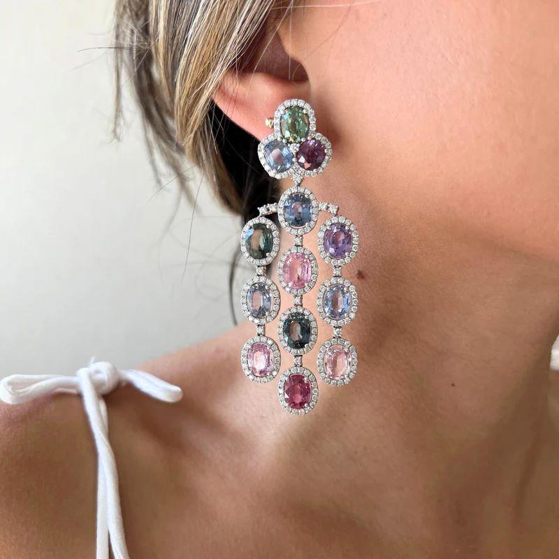 Diana M. 18kt White Gold Multi Color Sapphires Diamonds Chandelier Earrings In New Condition For Sale In New York, NY